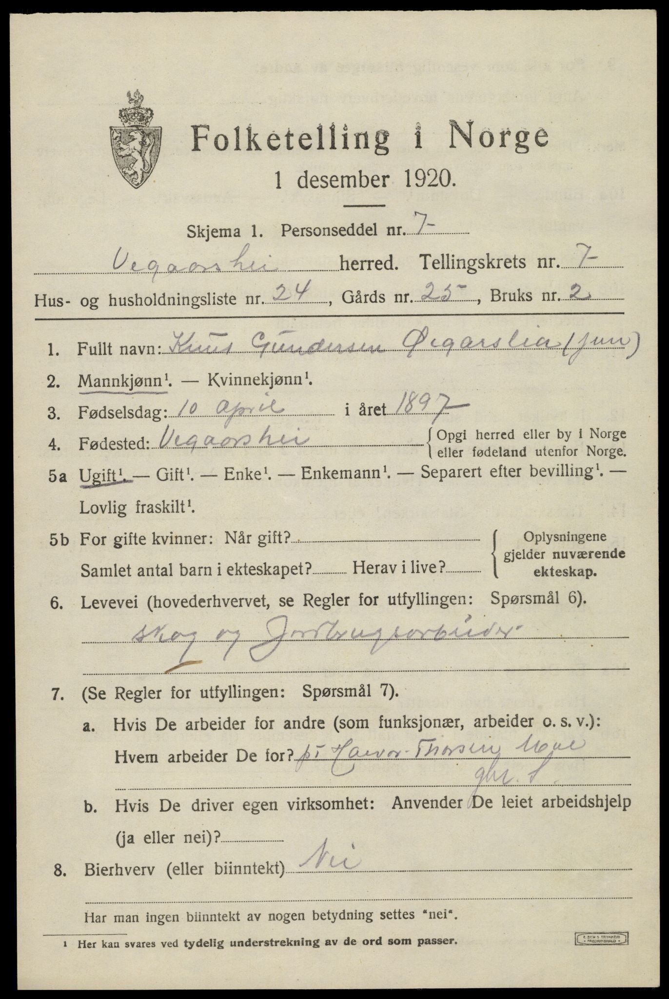 SAK, 1920 census for Vegårshei, 1920, p. 2742