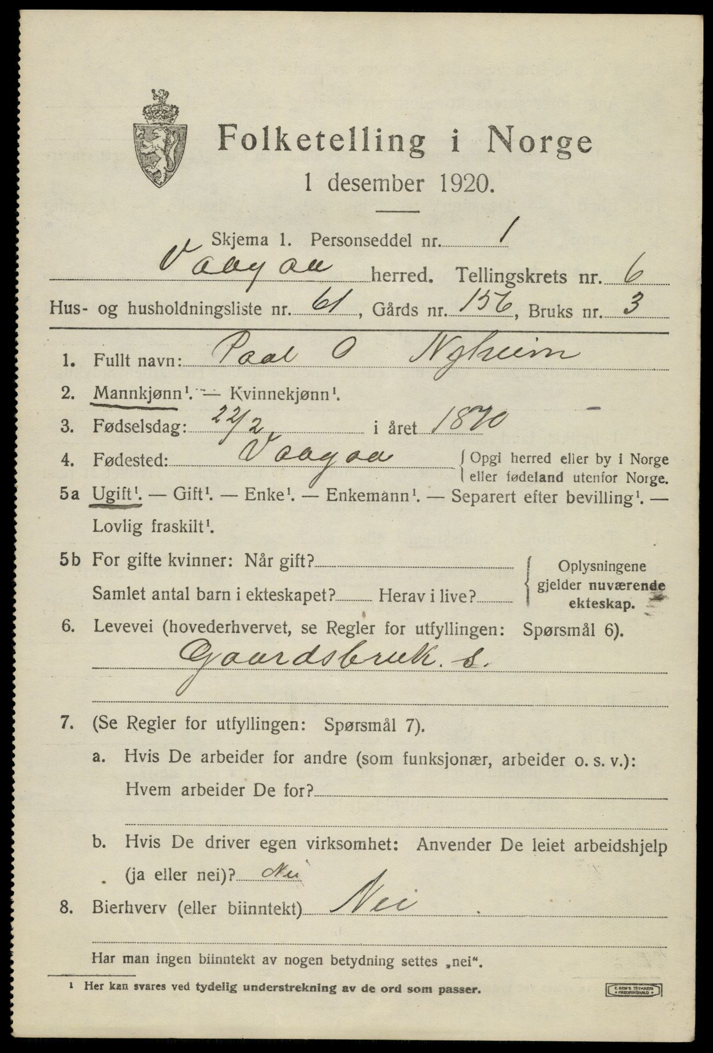 SAH, 1920 census for Vågå, 1920, p. 5286