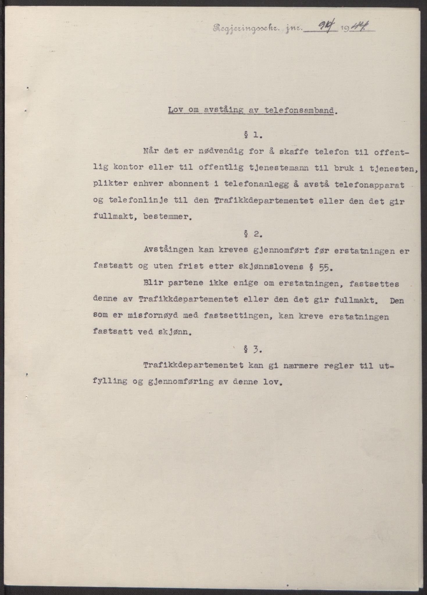 NS-administrasjonen 1940-1945 (Statsrådsekretariatet, de kommisariske statsråder mm), RA/S-4279/D/Db/L0100: Lover, 1944, p. 187