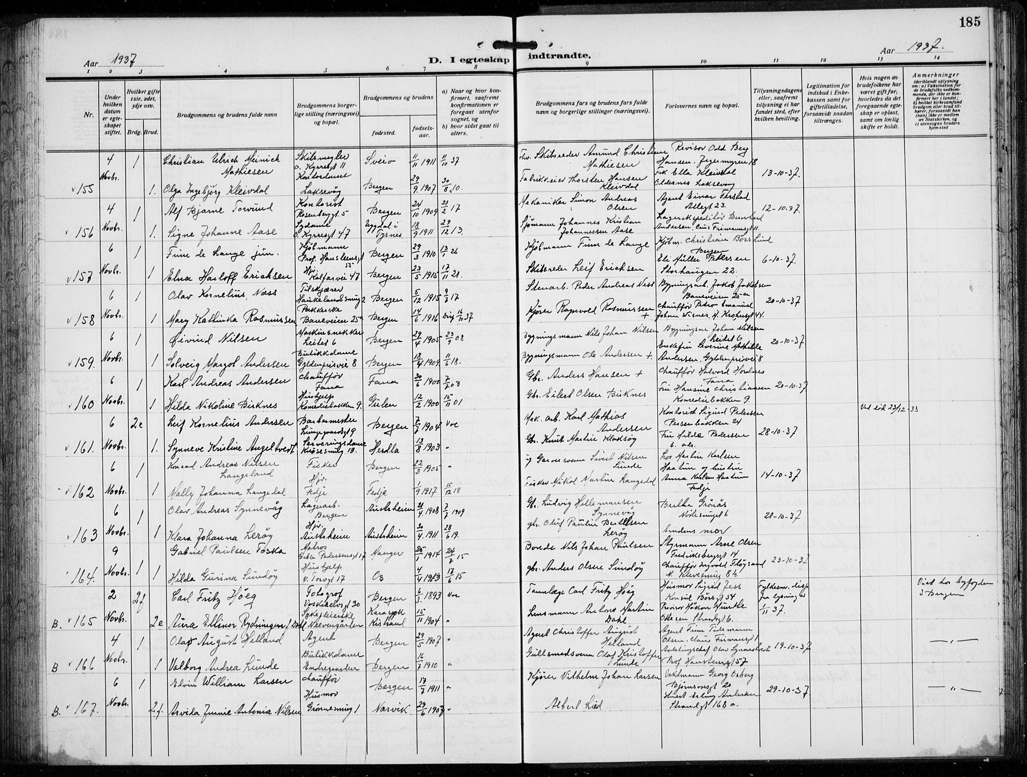 Domkirken sokneprestembete, AV/SAB-A-74801/H/Hab/L0034: Parish register (copy) no. D 6, 1924-1941, p. 185