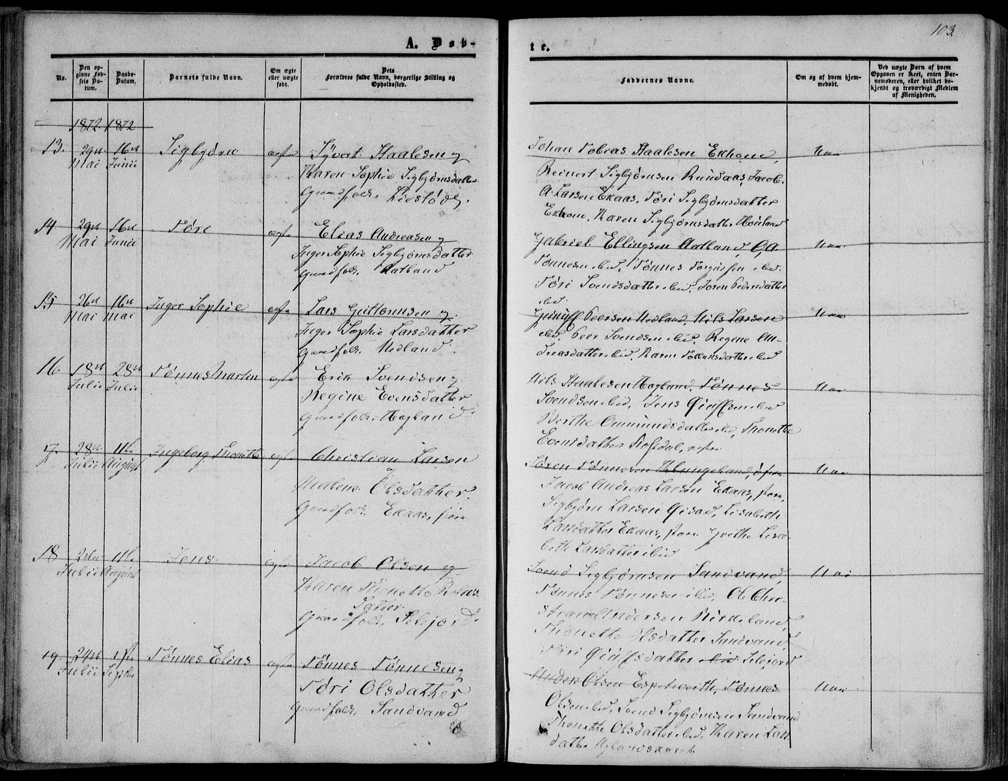 Bakke sokneprestkontor, AV/SAK-1111-0002/F/Fa/Fab/L0002: Parish register (official) no. A 2, 1855-1884, p. 103