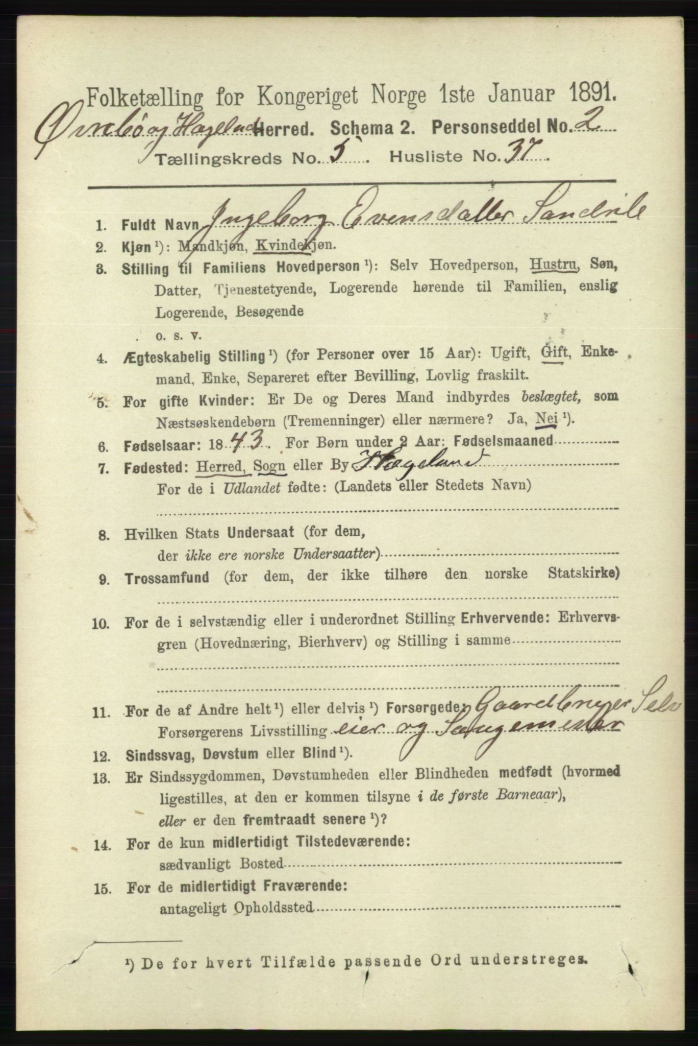 RA, 1891 census for 1016 Øvrebø og Hægeland, 1891, p. 1138