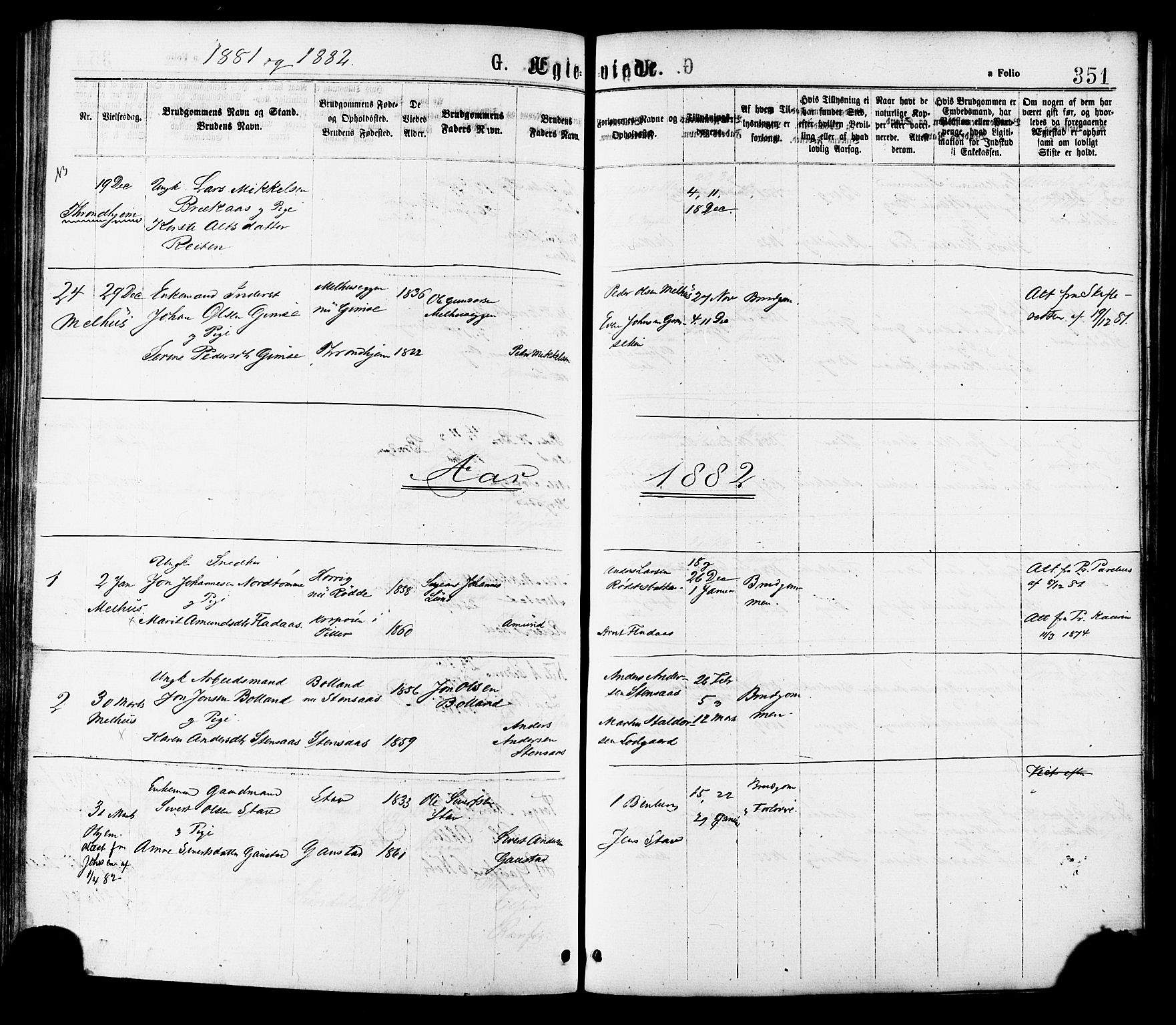 Ministerialprotokoller, klokkerbøker og fødselsregistre - Sør-Trøndelag, SAT/A-1456/691/L1079: Parish register (official) no. 691A11, 1873-1886, p. 351