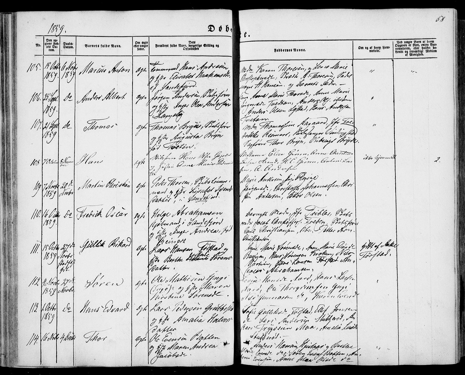 Sandar kirkebøker, SAKO/A-243/F/Fa/L0007: Parish register (official) no. 7, 1855-1861, p. 58