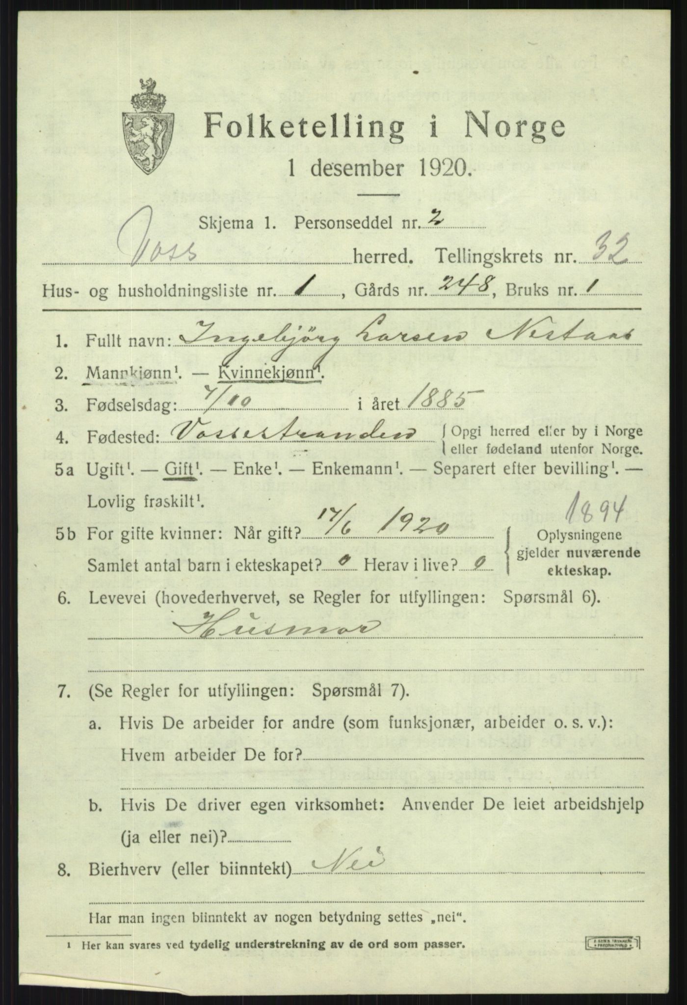 SAB, 1920 census for Voss, 1920, p. 20323