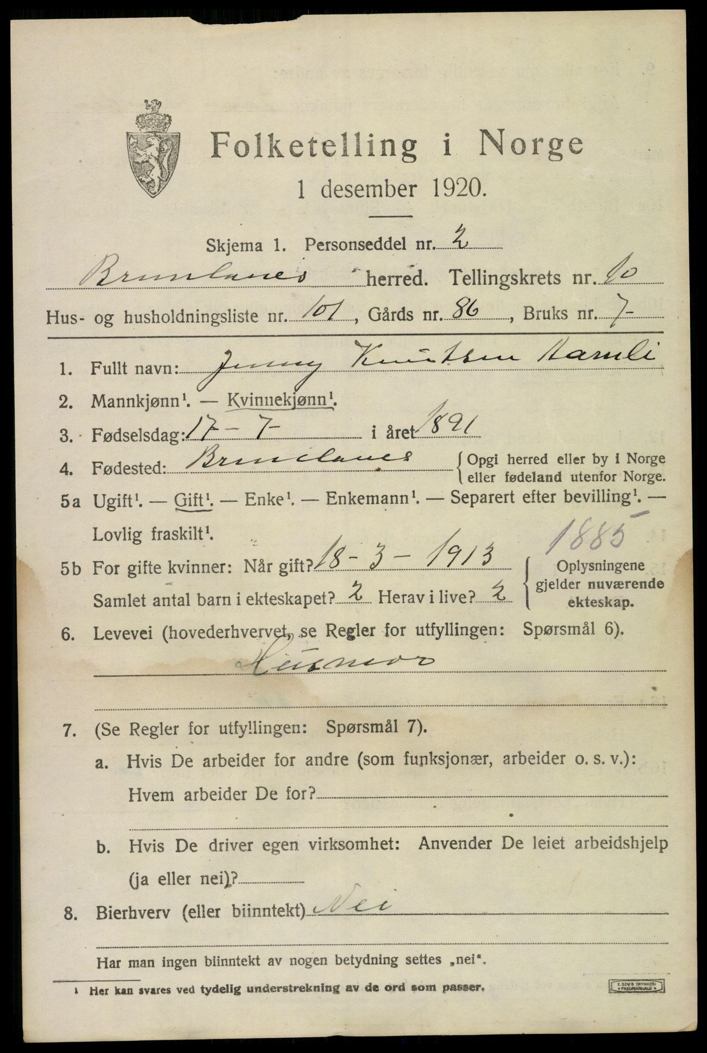 SAKO, 1920 census for Brunlanes, 1920, p. 9449