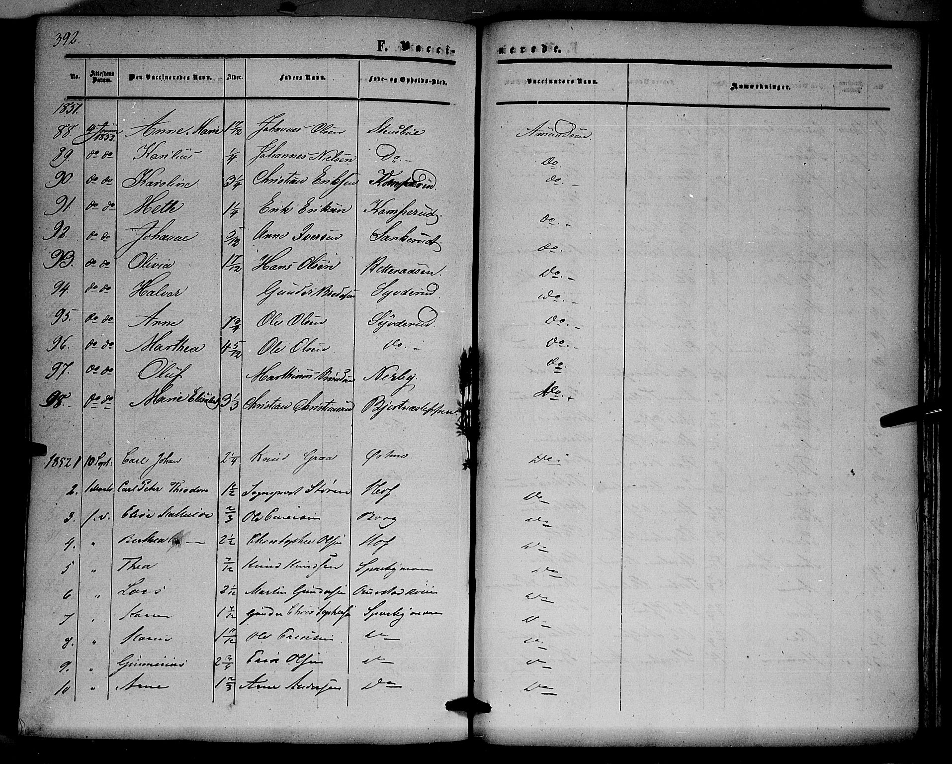 Hof prestekontor, SAH/PREST-038/H/Ha/Haa/L0008: Parish register (official) no. 8, 1849-1861, p. 392