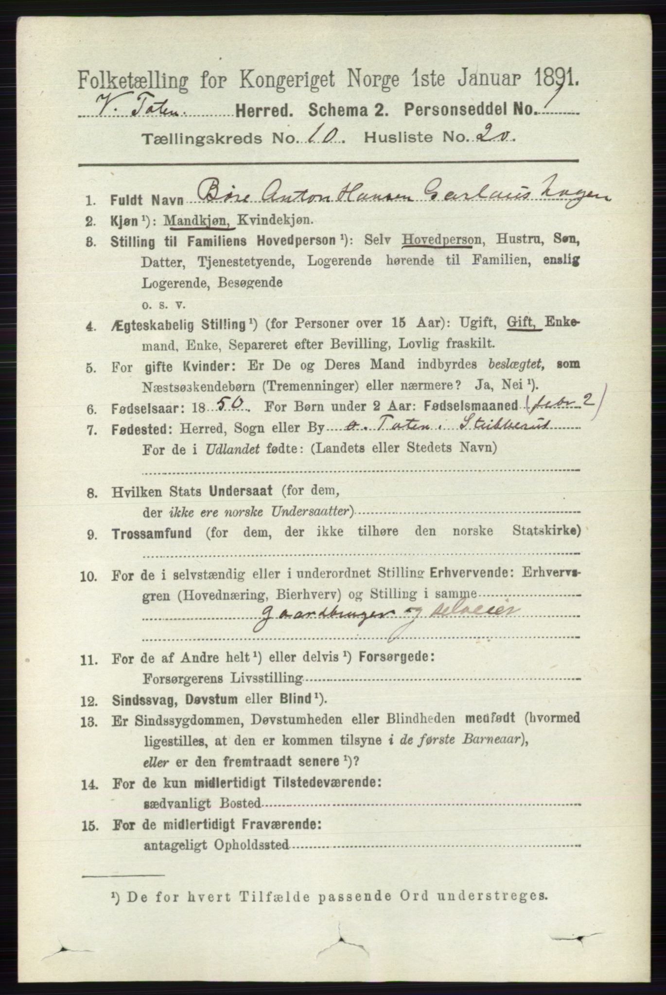 RA, 1891 census for 0529 Vestre Toten, 1891, p. 6319