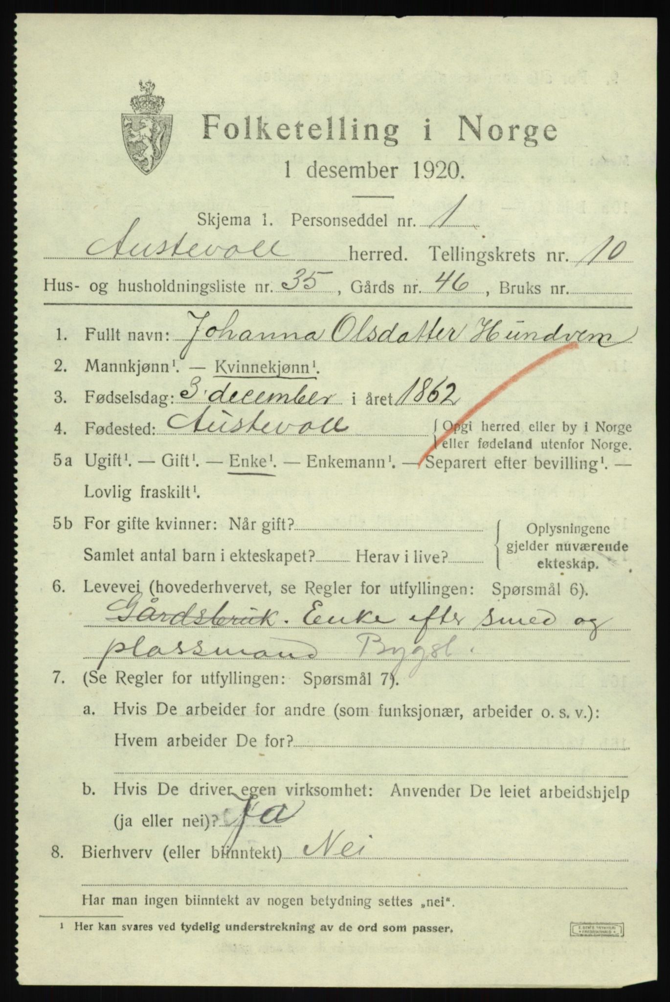 SAB, 1920 census for Austevoll, 1920, p. 6028