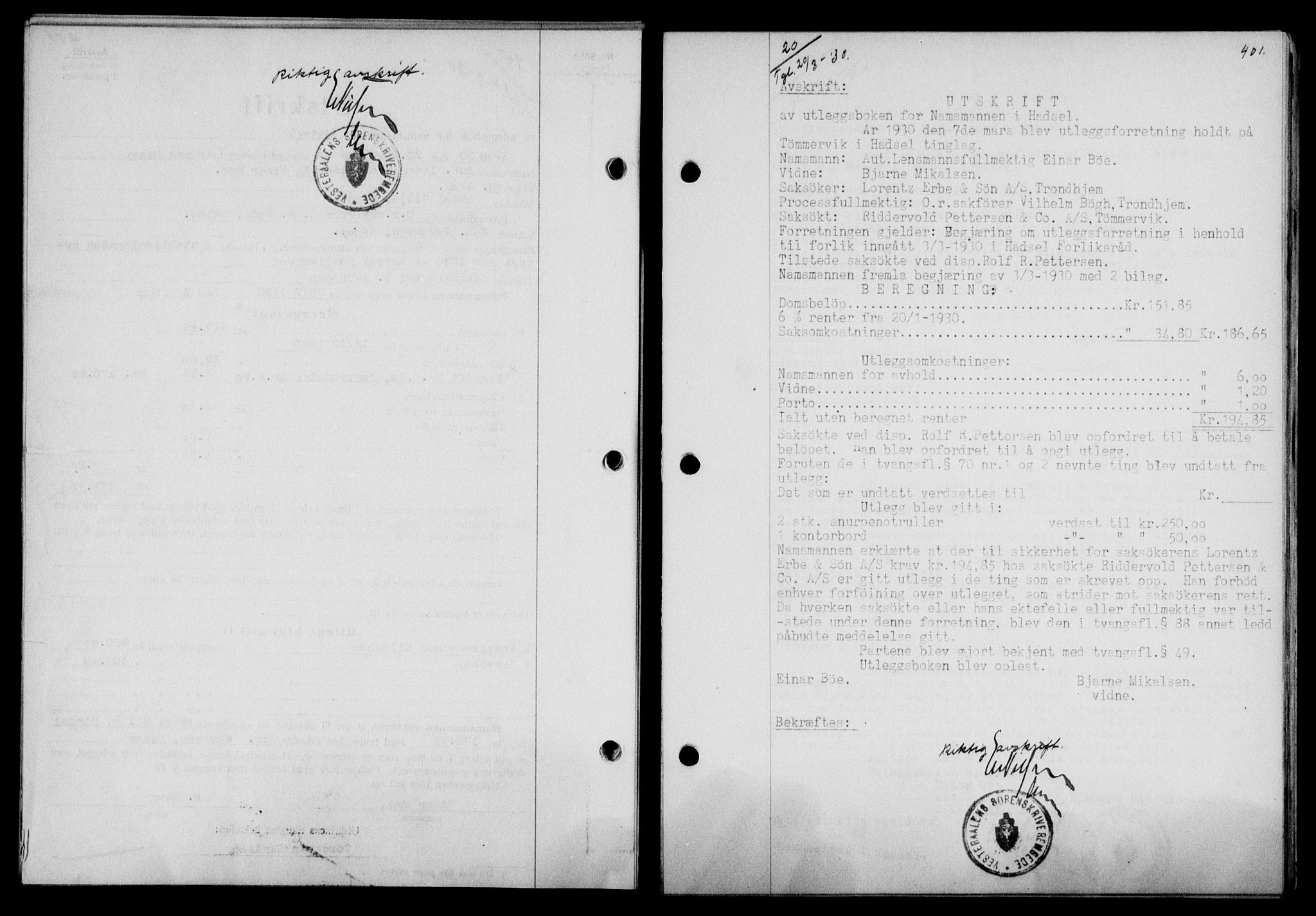 Vesterålen sorenskriveri, SAT/A-4180/1/2/2Ca/L0050: Mortgage book no. 43, 1929-1930, Deed date: 20.03.1930