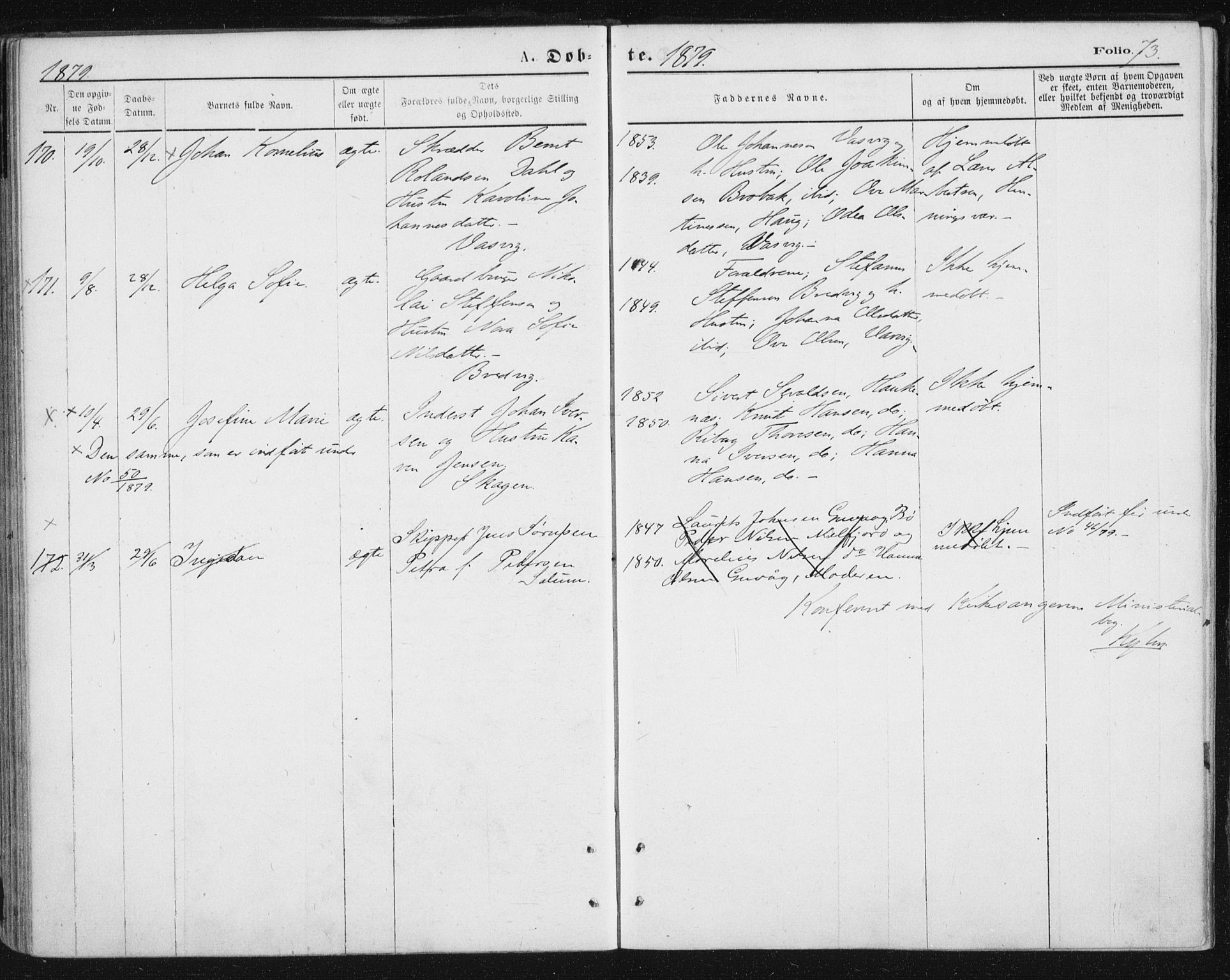 Ministerialprotokoller, klokkerbøker og fødselsregistre - Nordland, AV/SAT-A-1459/888/L1243: Parish register (official) no. 888A09, 1876-1879, p. 73