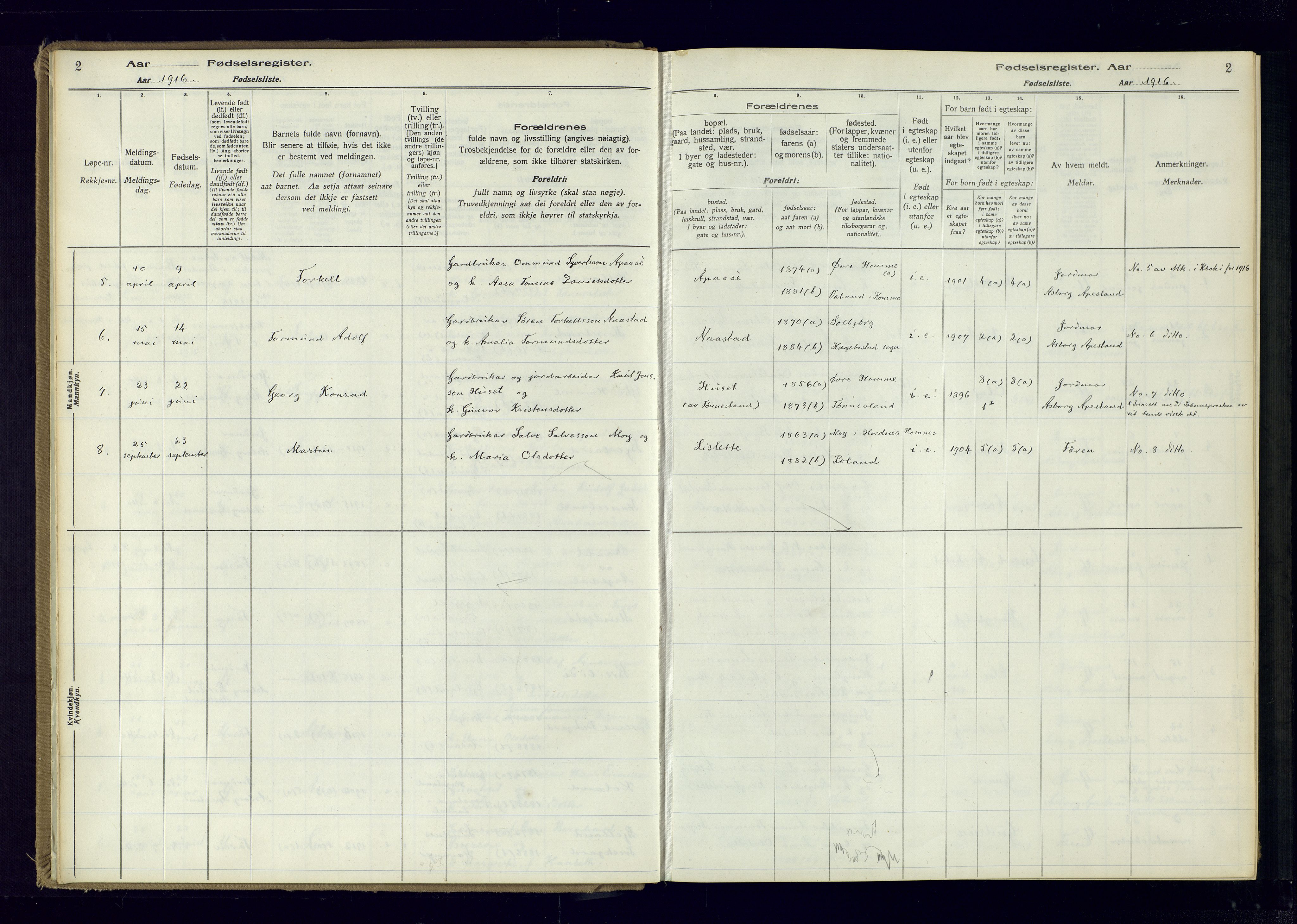 Bjelland sokneprestkontor, SAK/1111-0005/J/Ja/L0001: Birth register no. II.4.2, 1916-1982, p. 2