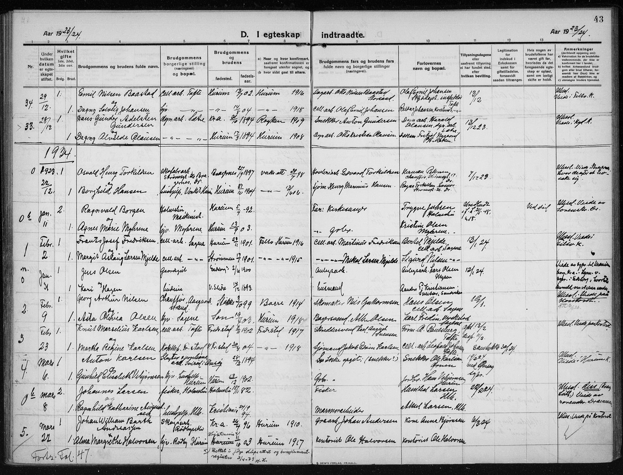 Hurum kirkebøker, AV/SAKO-A-229/F/Fa/L0017: Parish register (official) no. 17, 1910-1925, p. 43