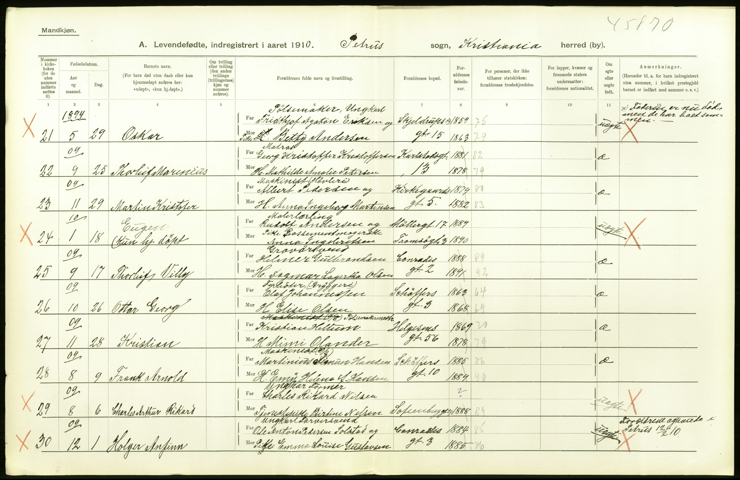 Statistisk sentralbyrå, Sosiodemografiske emner, Befolkning, AV/RA-S-2228/D/Df/Dfa/Dfah/L0006: Kristiania: Levendefødte menn., 1910, p. 416