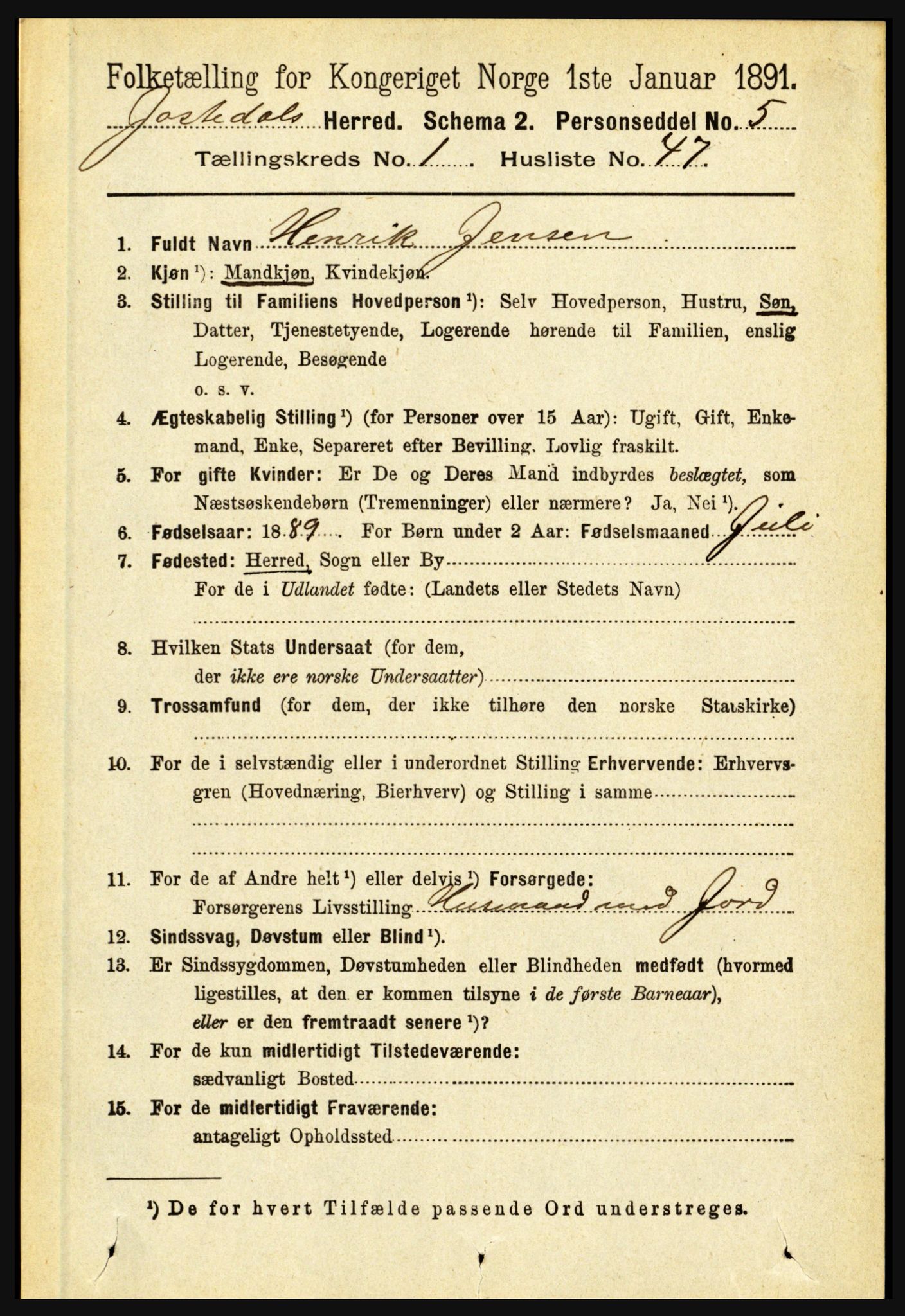 RA, 1891 census for 1427 Jostedal, 1891, p. 419