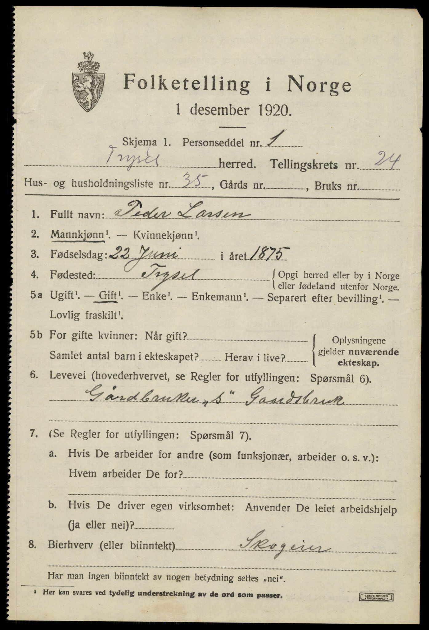 SAH, 1920 census for Trysil, 1920, p. 15655