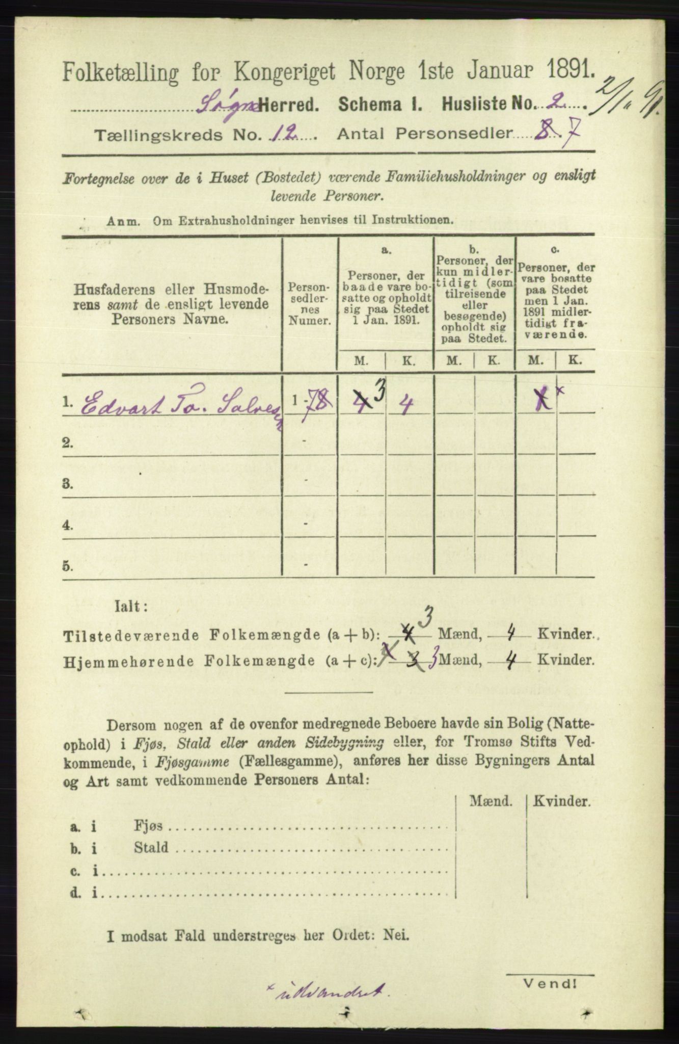 RA, 1891 census for 1018 Søgne, 1891, p. 3105