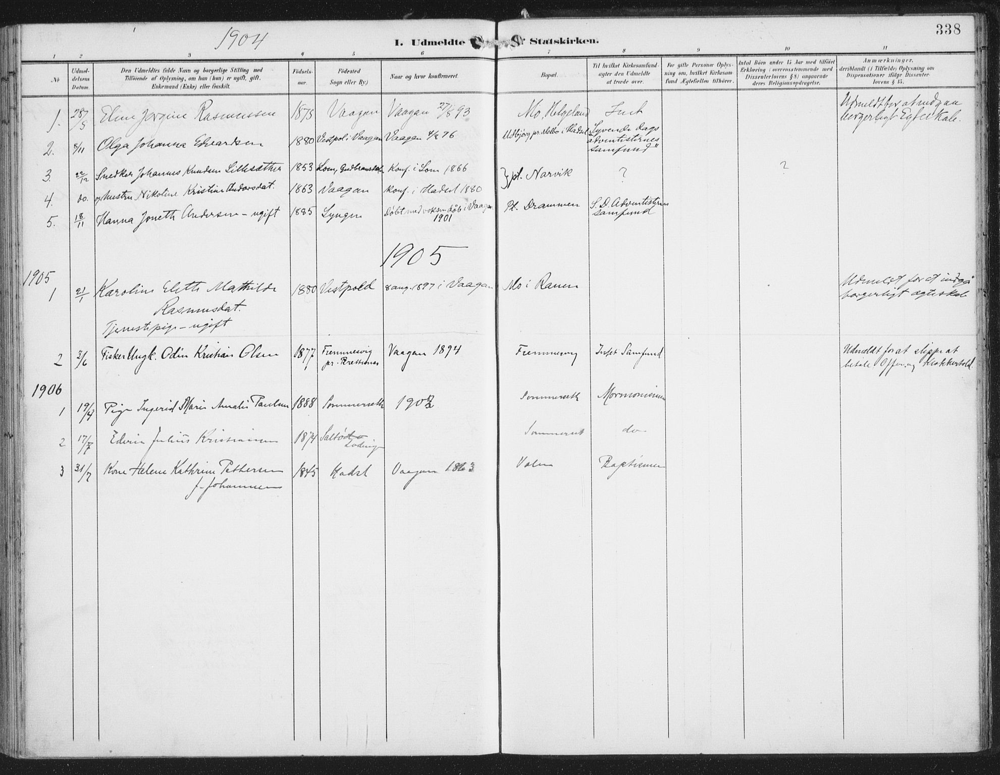 Ministerialprotokoller, klokkerbøker og fødselsregistre - Nordland, AV/SAT-A-1459/874/L1062: Parish register (official) no. 874A06, 1899-1907, p. 338