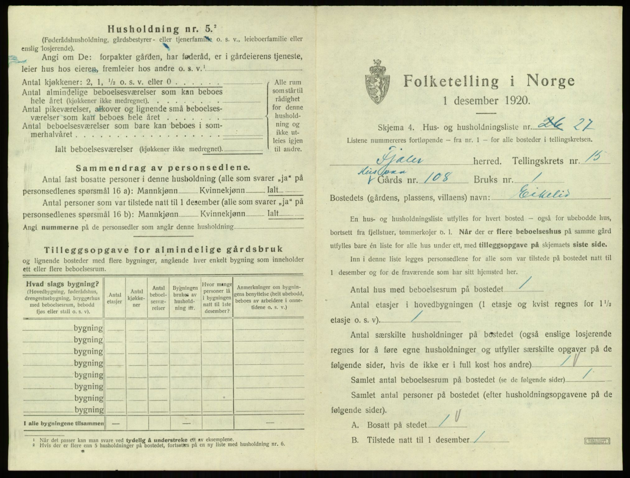 SAB, 1920 census for Fjaler, 1920, p. 1264