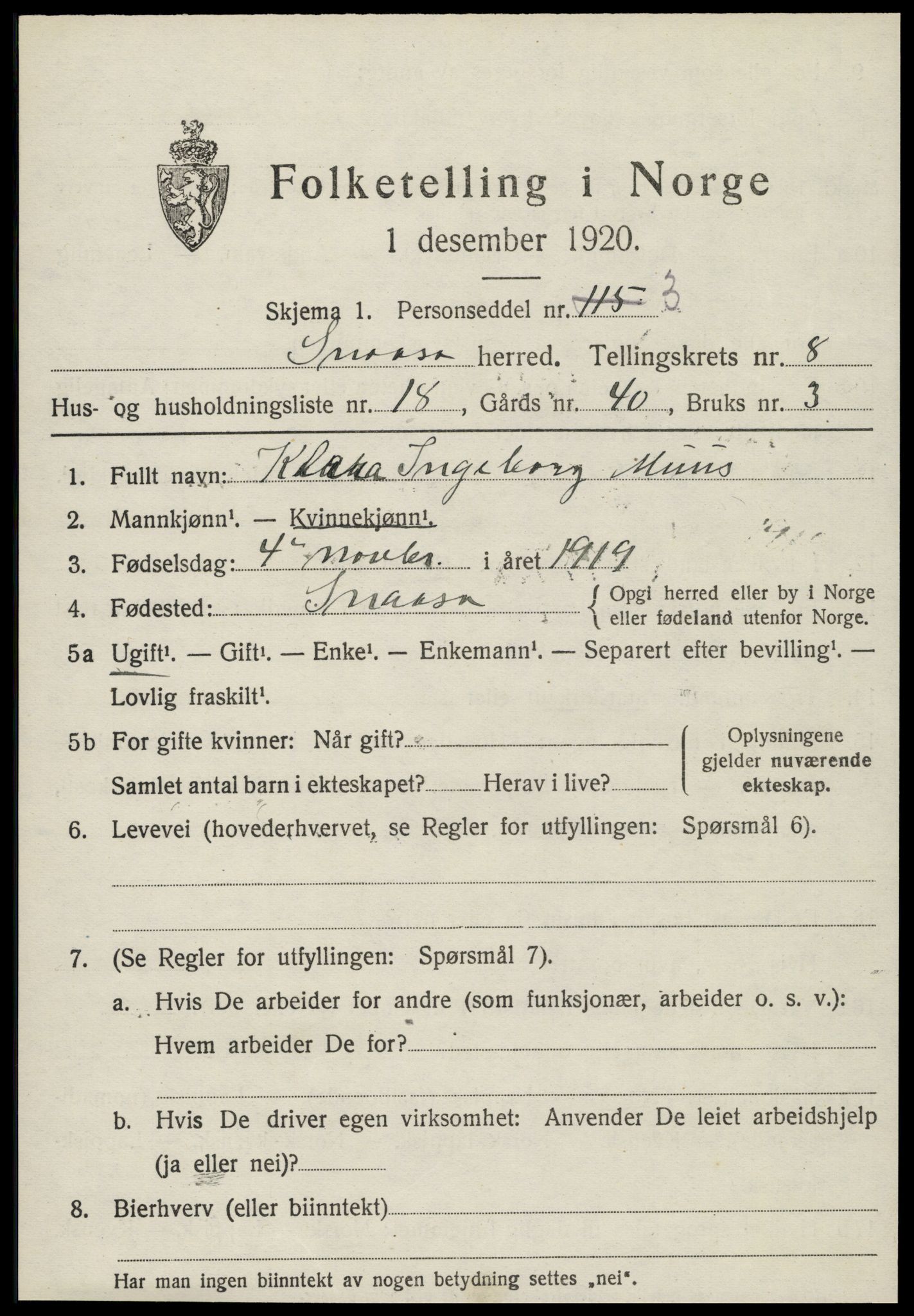 SAT, 1920 census for Snåsa, 1920, p. 3396