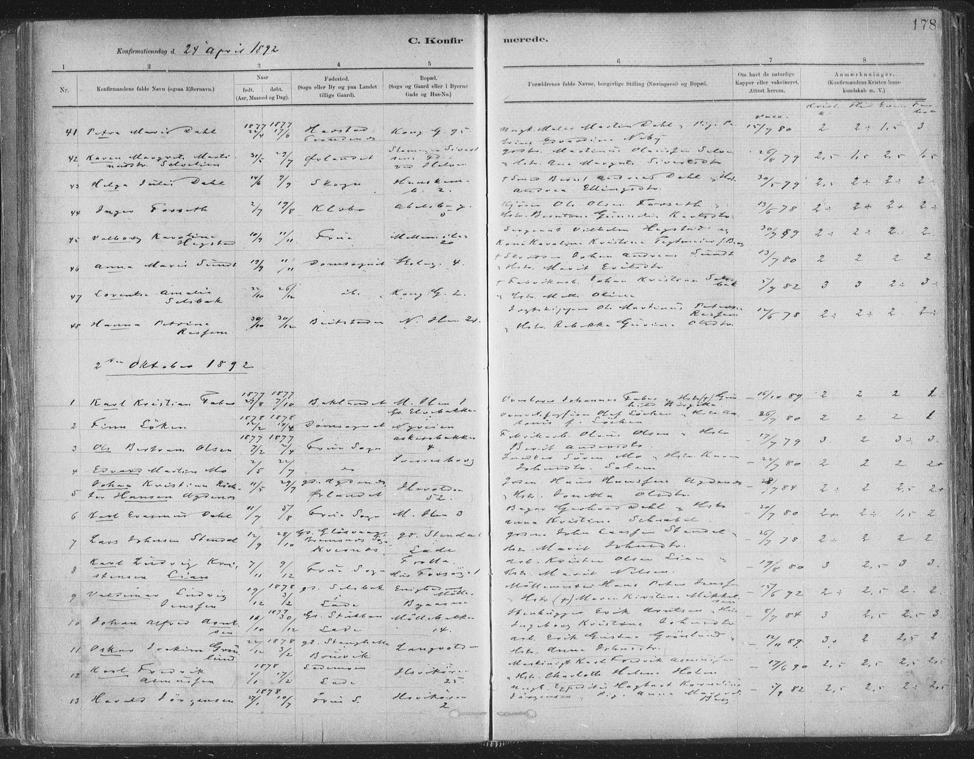 Ministerialprotokoller, klokkerbøker og fødselsregistre - Sør-Trøndelag, AV/SAT-A-1456/603/L0162: Parish register (official) no. 603A01, 1879-1895, p. 178