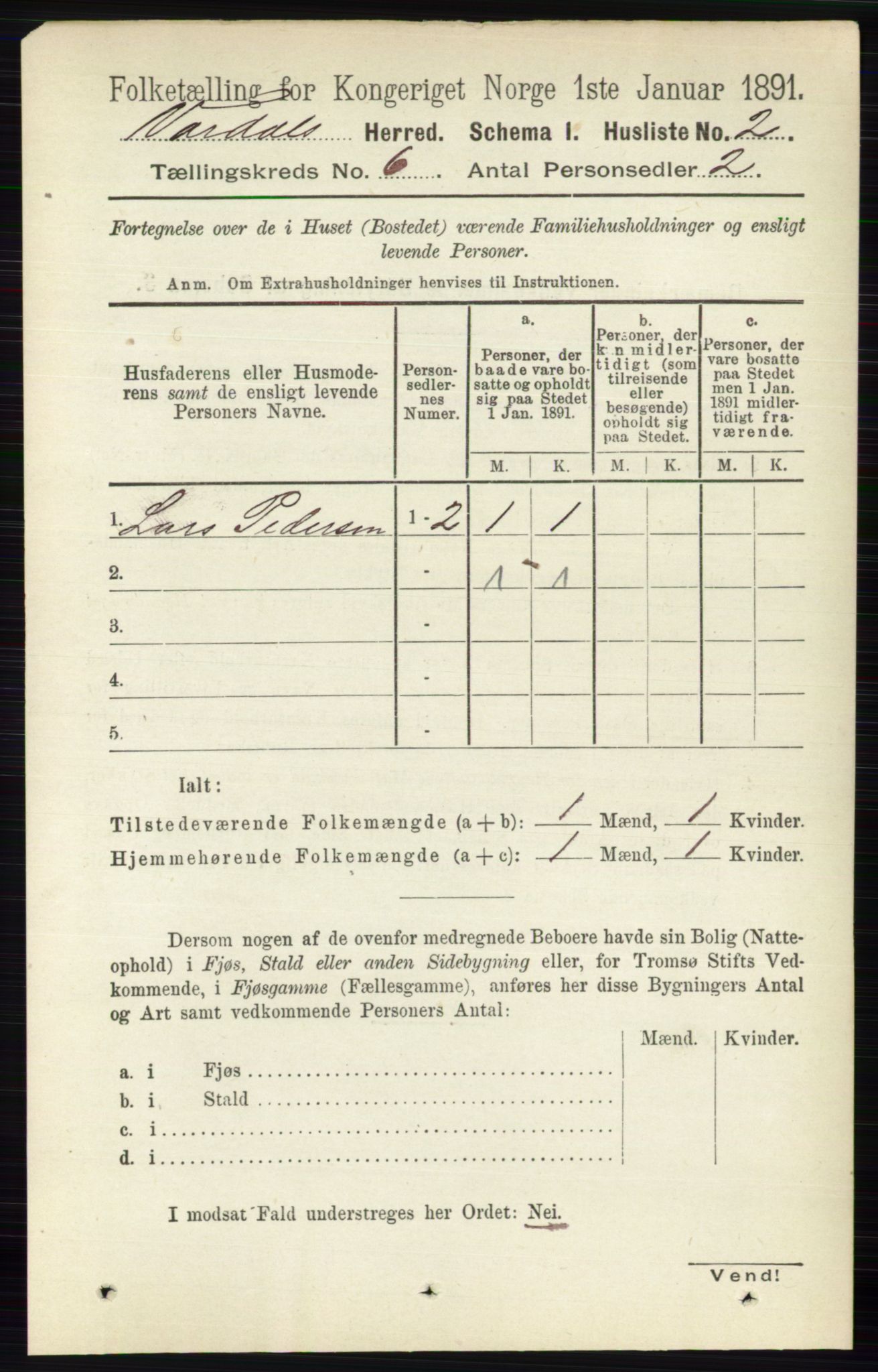 RA, 1891 census for 0527 Vardal, 1891, p. 2285