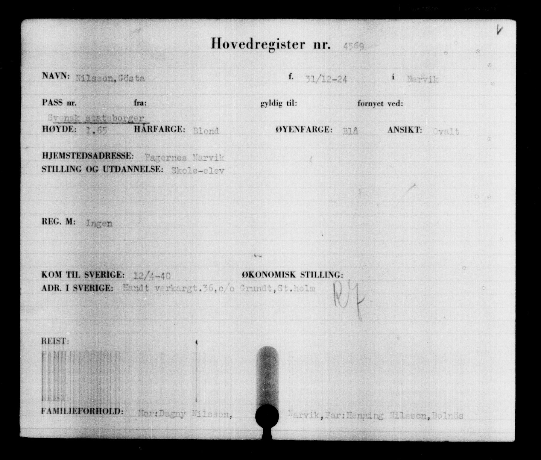 Utenriksstasjonene, Legasjonen i Stockholm, Flyktningkontoret, AV/RA-S-6753/V/Va/L0004: Kjesäterkartoteket, flyktninger med registreringsnr. 3496-6610, 1940-1945, p. 1277