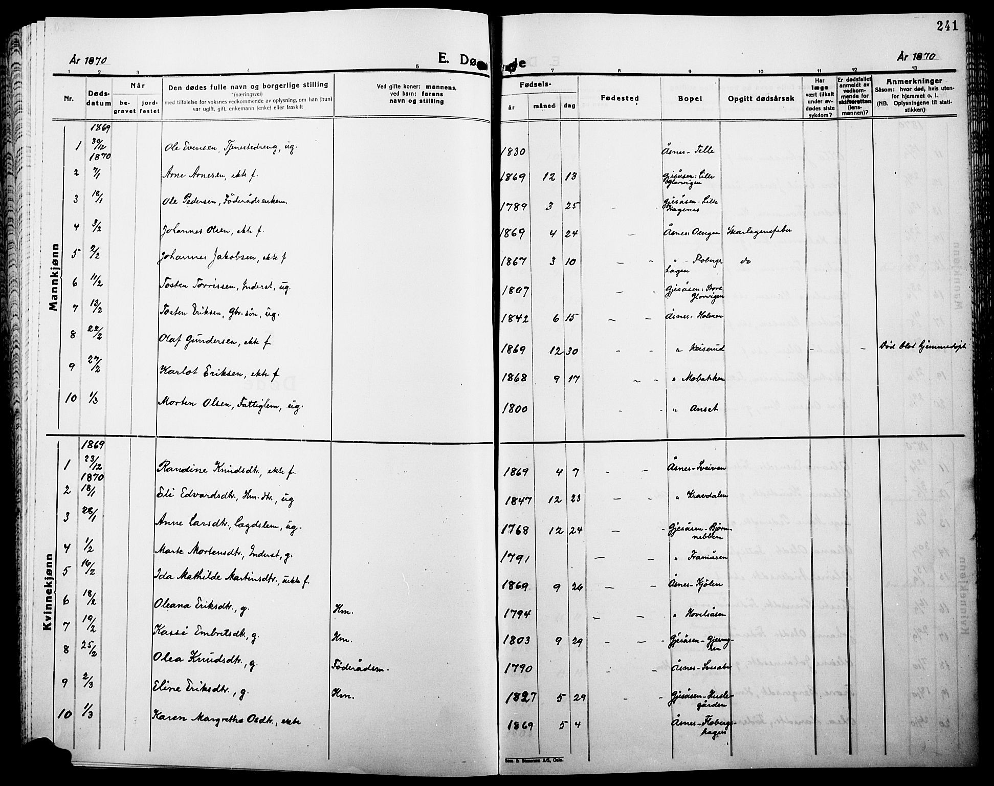 Åsnes prestekontor, AV/SAH-PREST-042/H/Ha/Haa/L0000B: Parish register (official), 1870-1889, p. 241