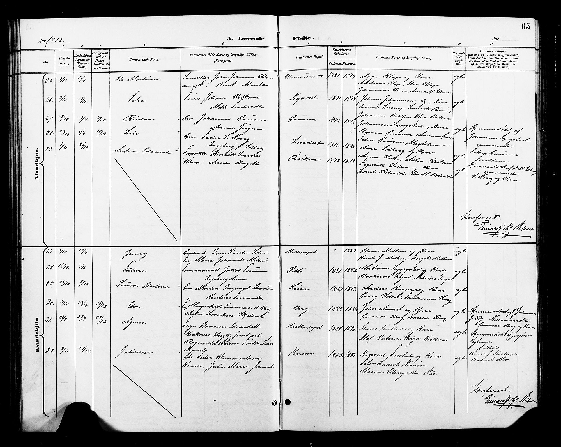 Ministerialprotokoller, klokkerbøker og fødselsregistre - Nord-Trøndelag, AV/SAT-A-1458/730/L0302: Parish register (copy) no. 730C05, 1898-1924, p. 65