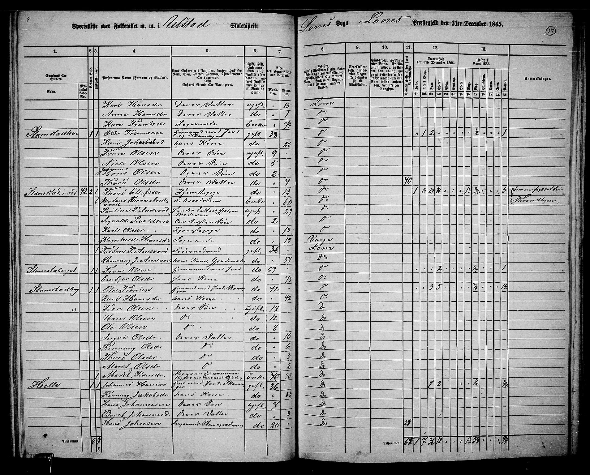 RA, 1865 census for Lom, 1865, p. 70