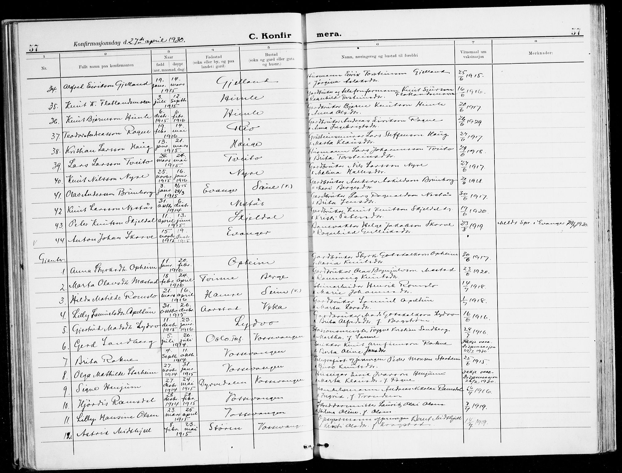 Voss sokneprestembete, SAB/A-79001/H/Haa: Parish register (official) no. B 3, 1922-1942, p. 57