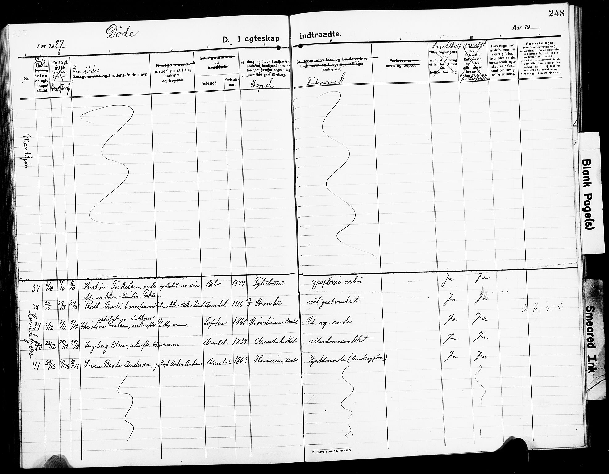 Arendal sokneprestkontor, Trefoldighet, SAK/1111-0040/F/Fb/L0007: Parish register (copy) no. B 7, 1916-1927, p. 248