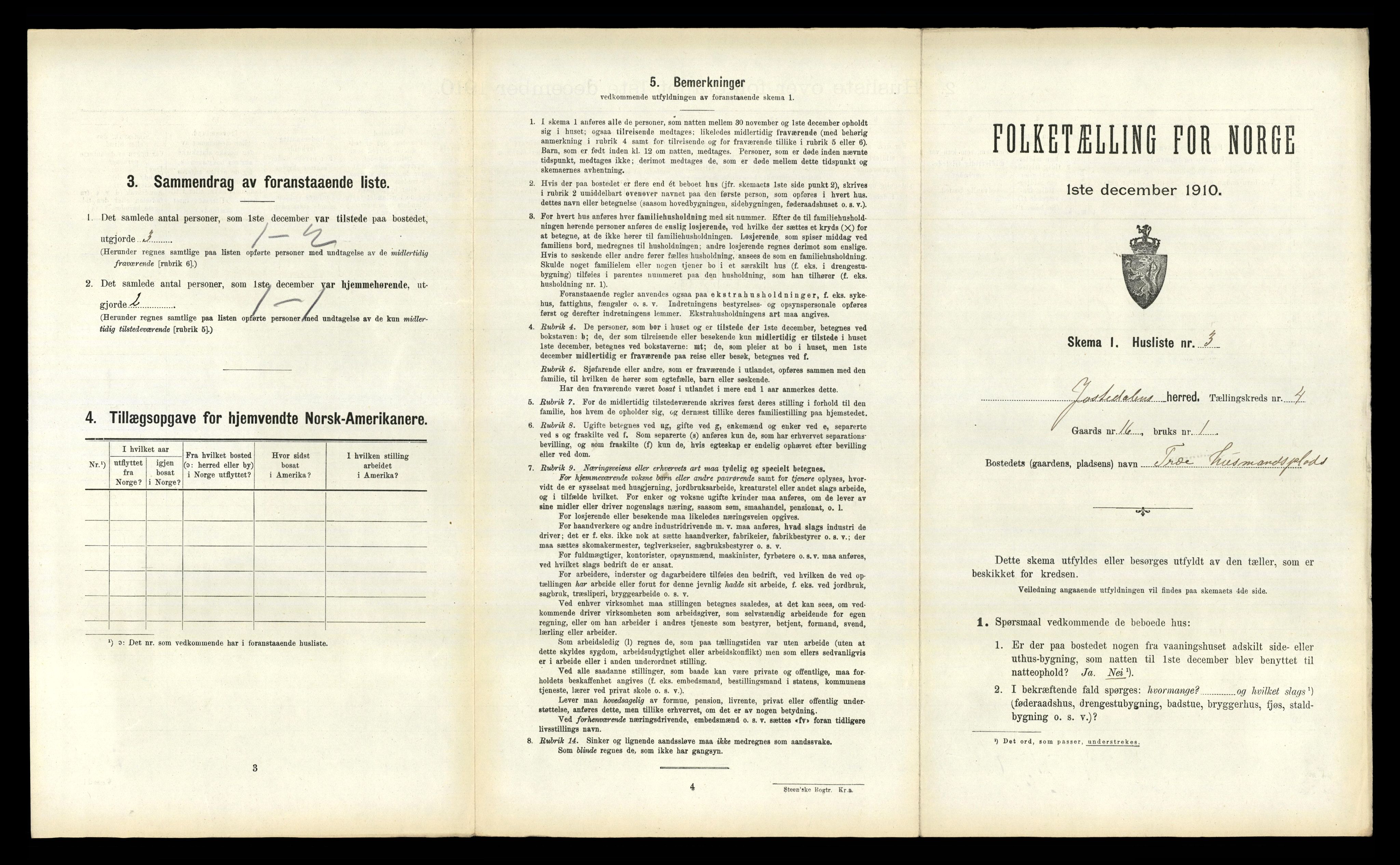 RA, 1910 census for Jostedal, 1910, p. 209