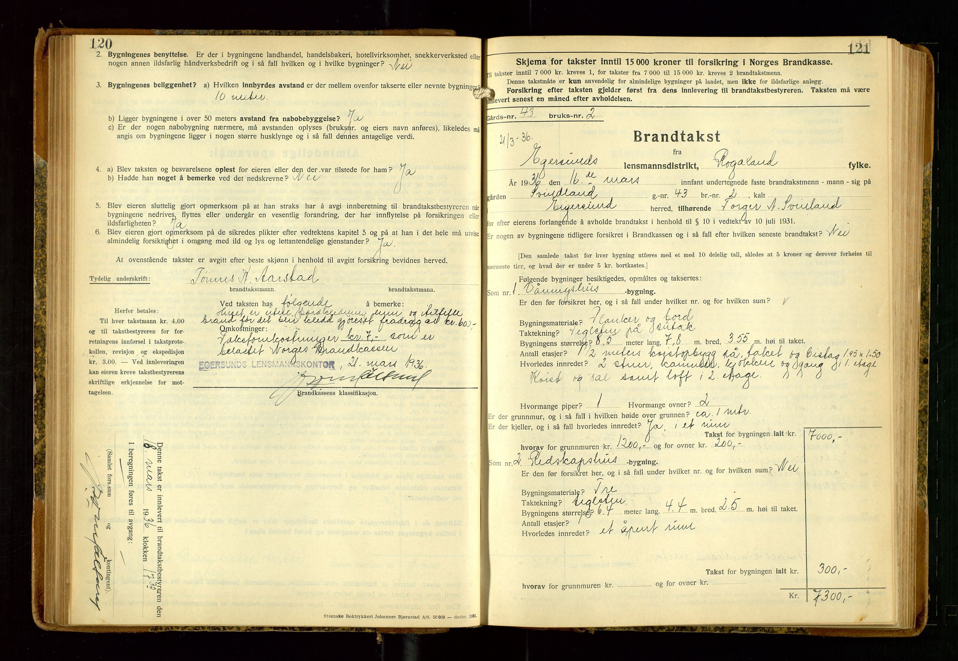 Eigersund lensmannskontor, AV/SAST-A-100171/Gob/L0006: "Brandtakstprotokoll", 1934-1938, p. 120-121