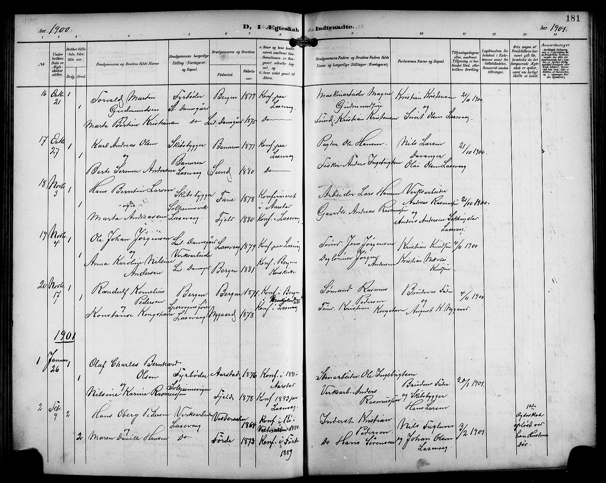 Laksevåg Sokneprestembete, SAB/A-76501/H/Ha/Hab/Haba/L0004: Parish register (copy) no. A 4, 1899-1909, p. 181