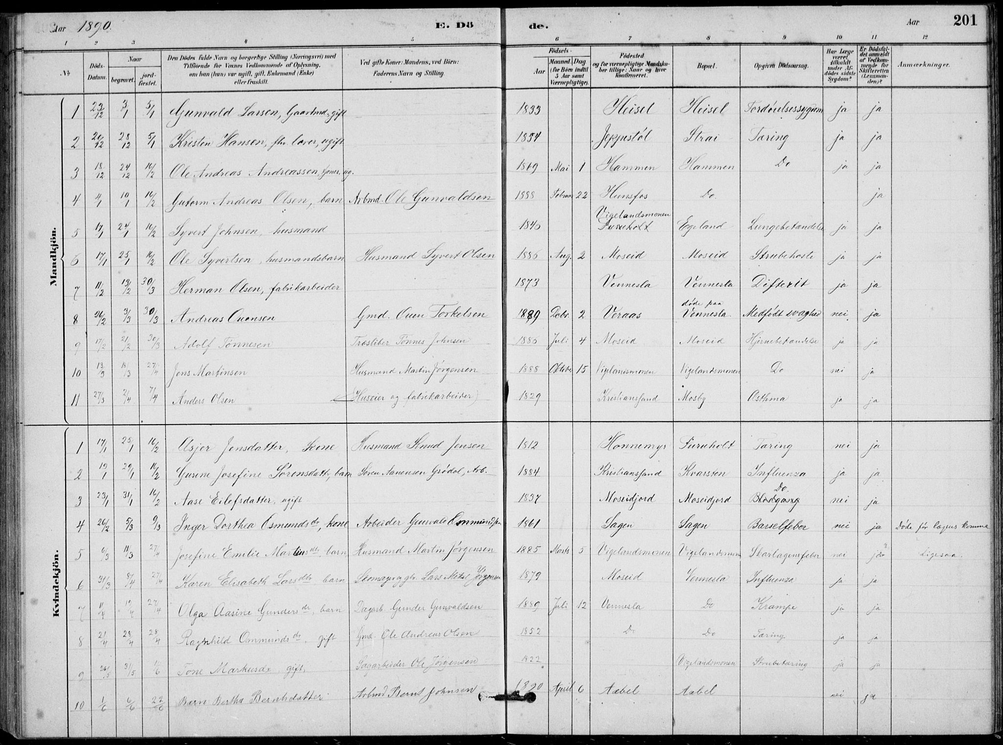 Vennesla sokneprestkontor, SAK/1111-0045/Fb/Fbb/L0003: Parish register (copy) no. B 3, 1879-1893, p. 201
