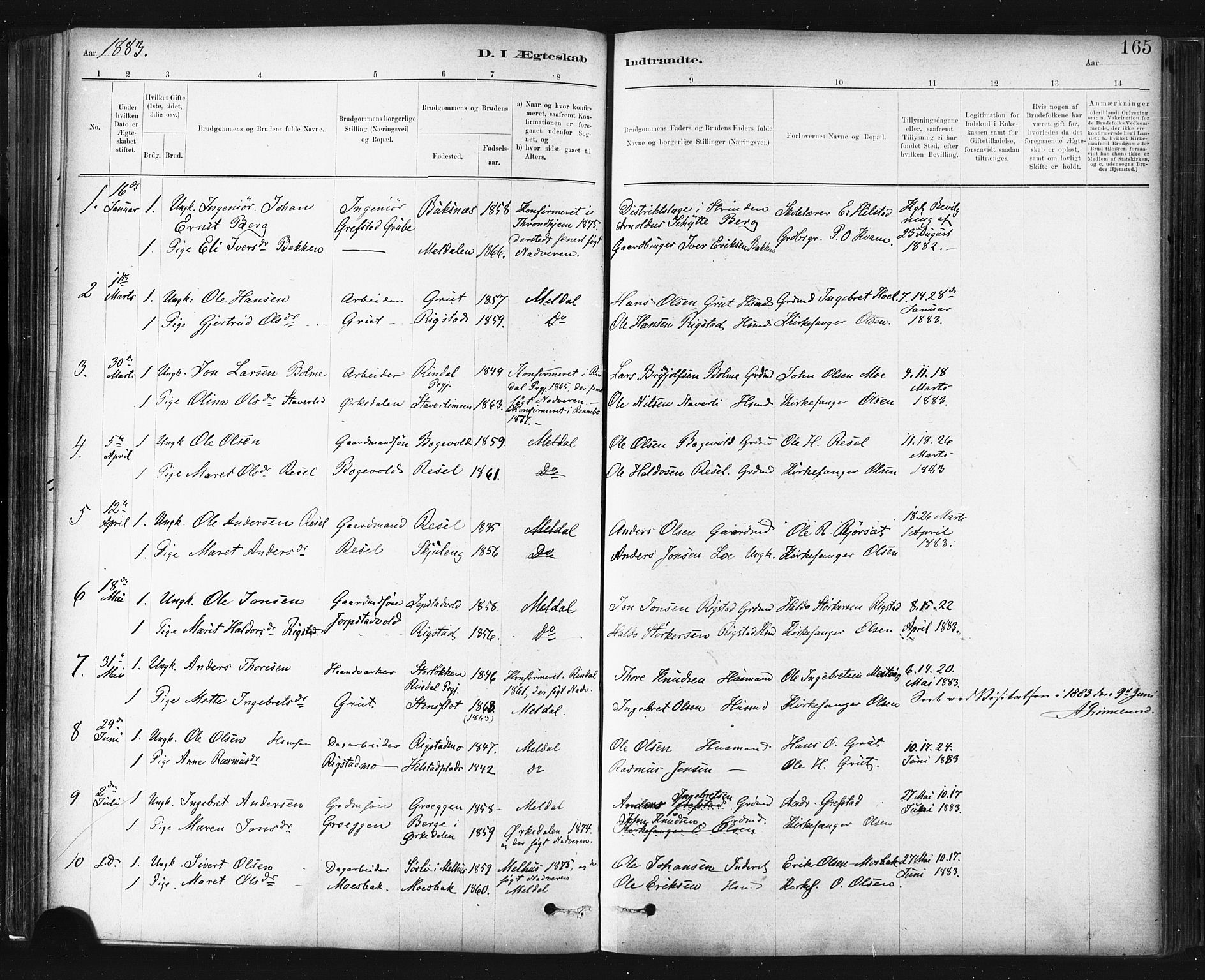 Ministerialprotokoller, klokkerbøker og fødselsregistre - Sør-Trøndelag, SAT/A-1456/672/L0857: Parish register (official) no. 672A09, 1882-1893, p. 165