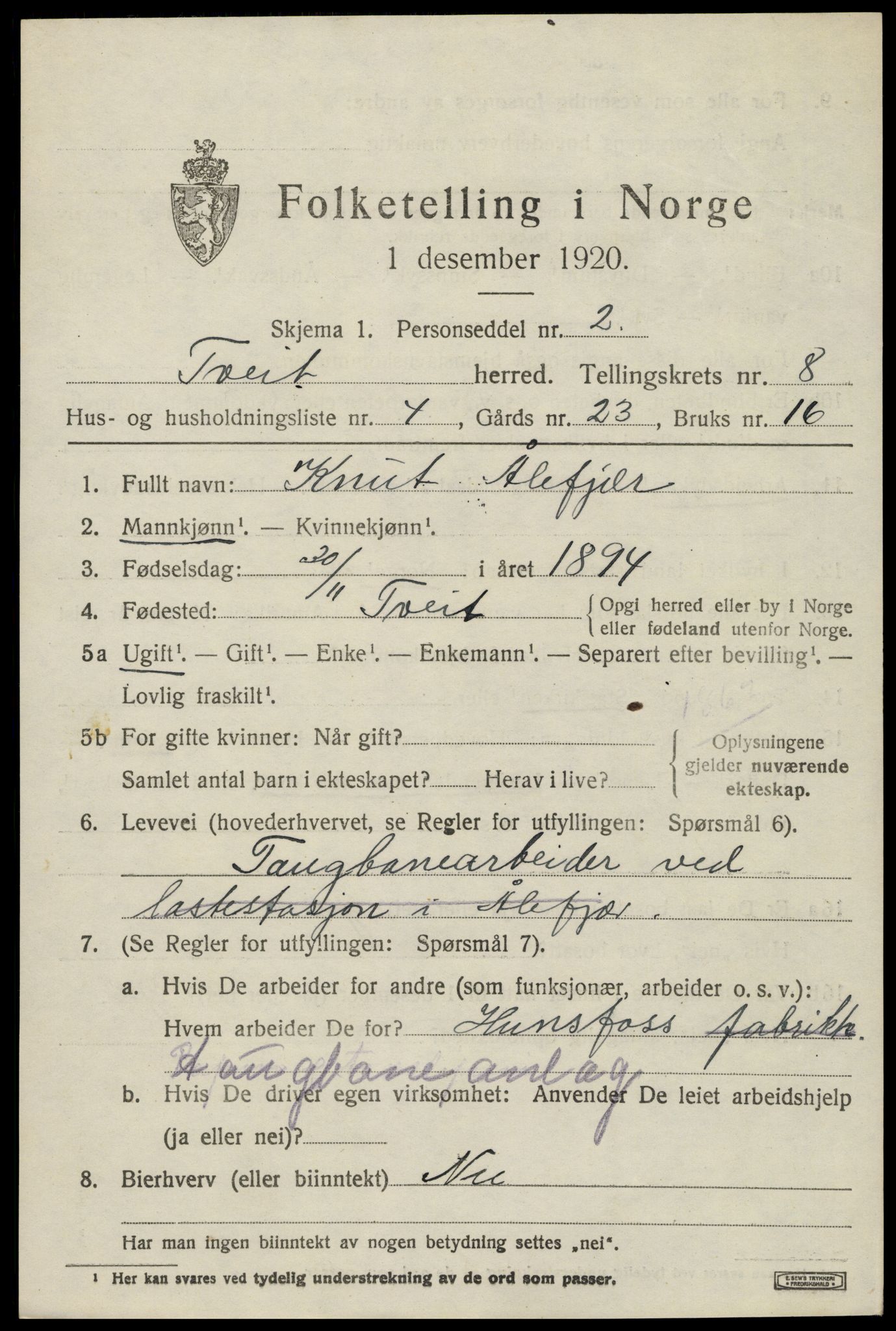 SAK, 1920 census for Tveit, 1920, p. 3504