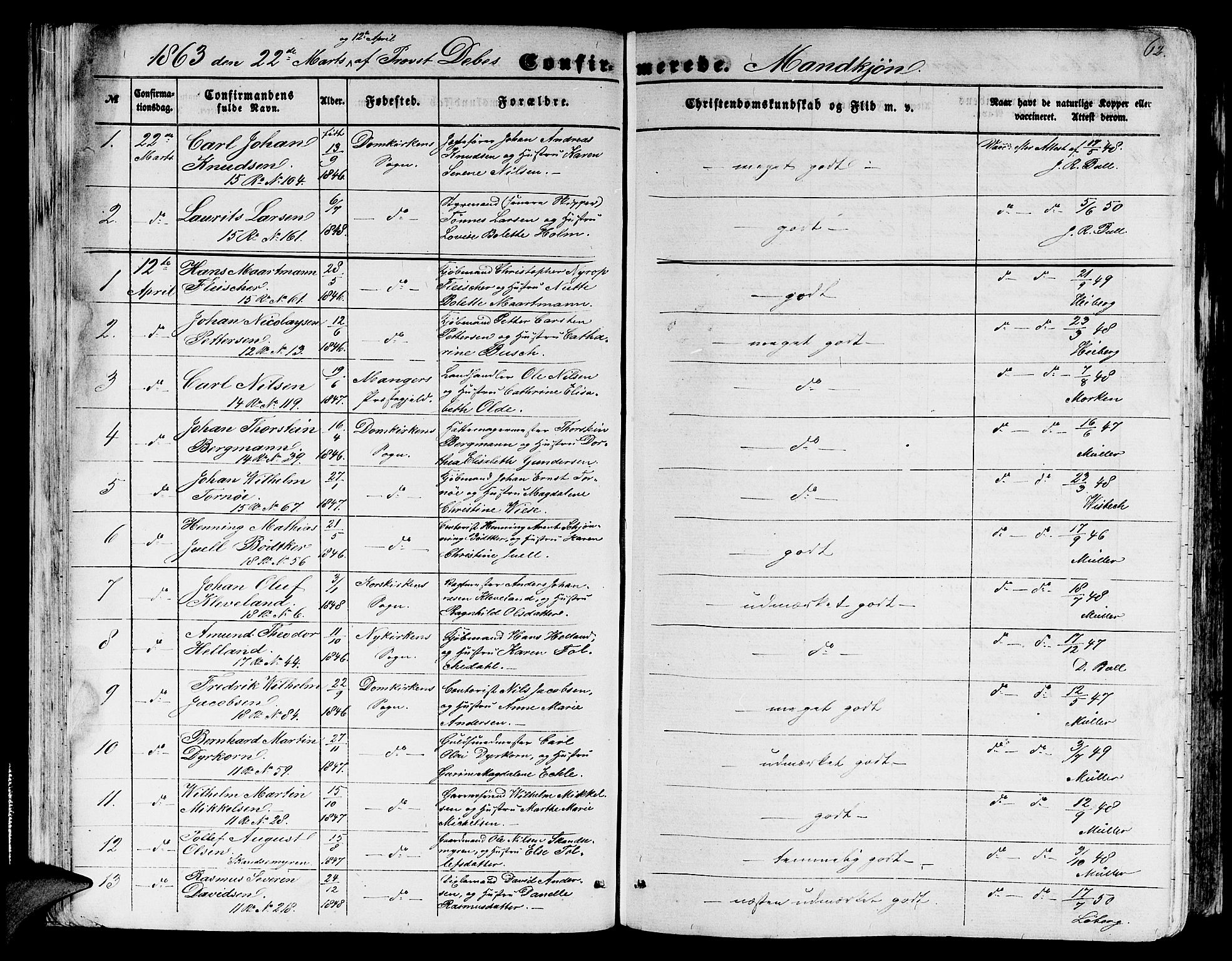 Domkirken sokneprestembete, SAB/A-74801/H/Hab/L0023: Parish register (copy) no. C 3, 1854-1880, p. 62