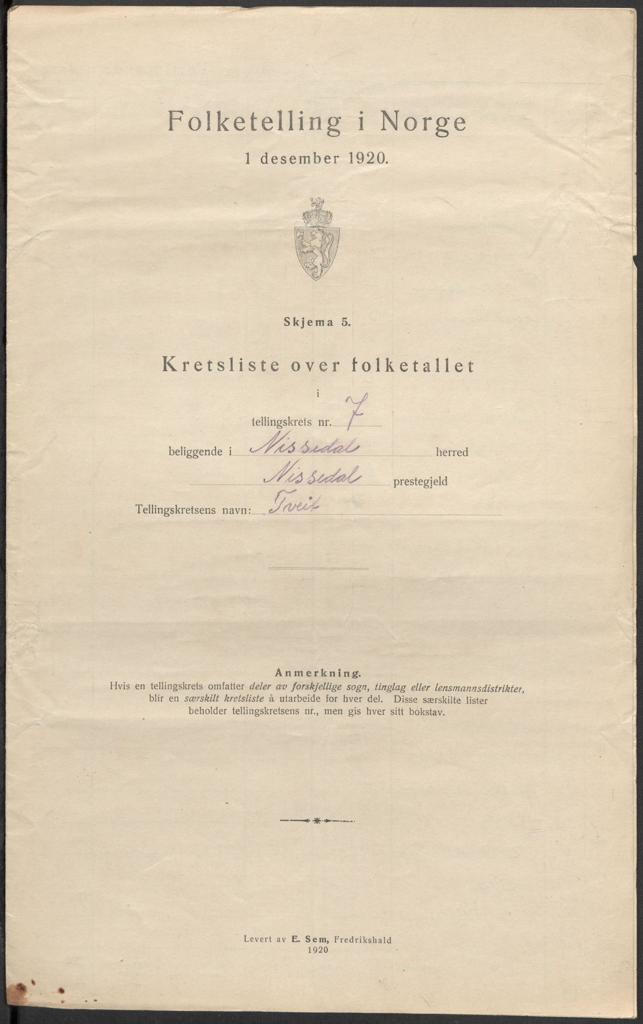 SAKO, 1920 census for Nissedal, 1920, p. 23