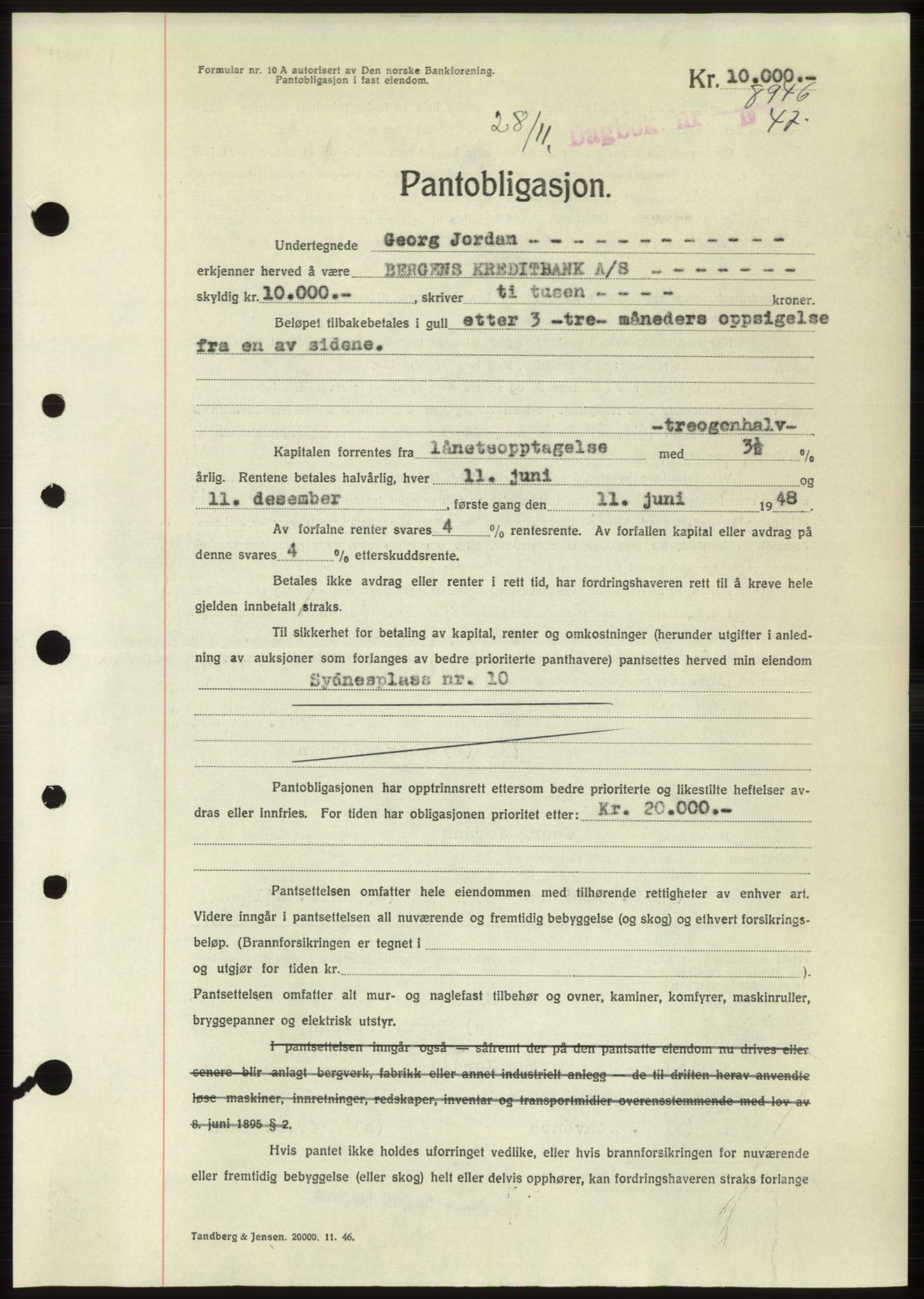 Byfogd og Byskriver i Bergen, AV/SAB-A-3401/03/03Bd/L0003: Mortgage book no. B29-39, 1947-1950, Diary no: : 8946/1947