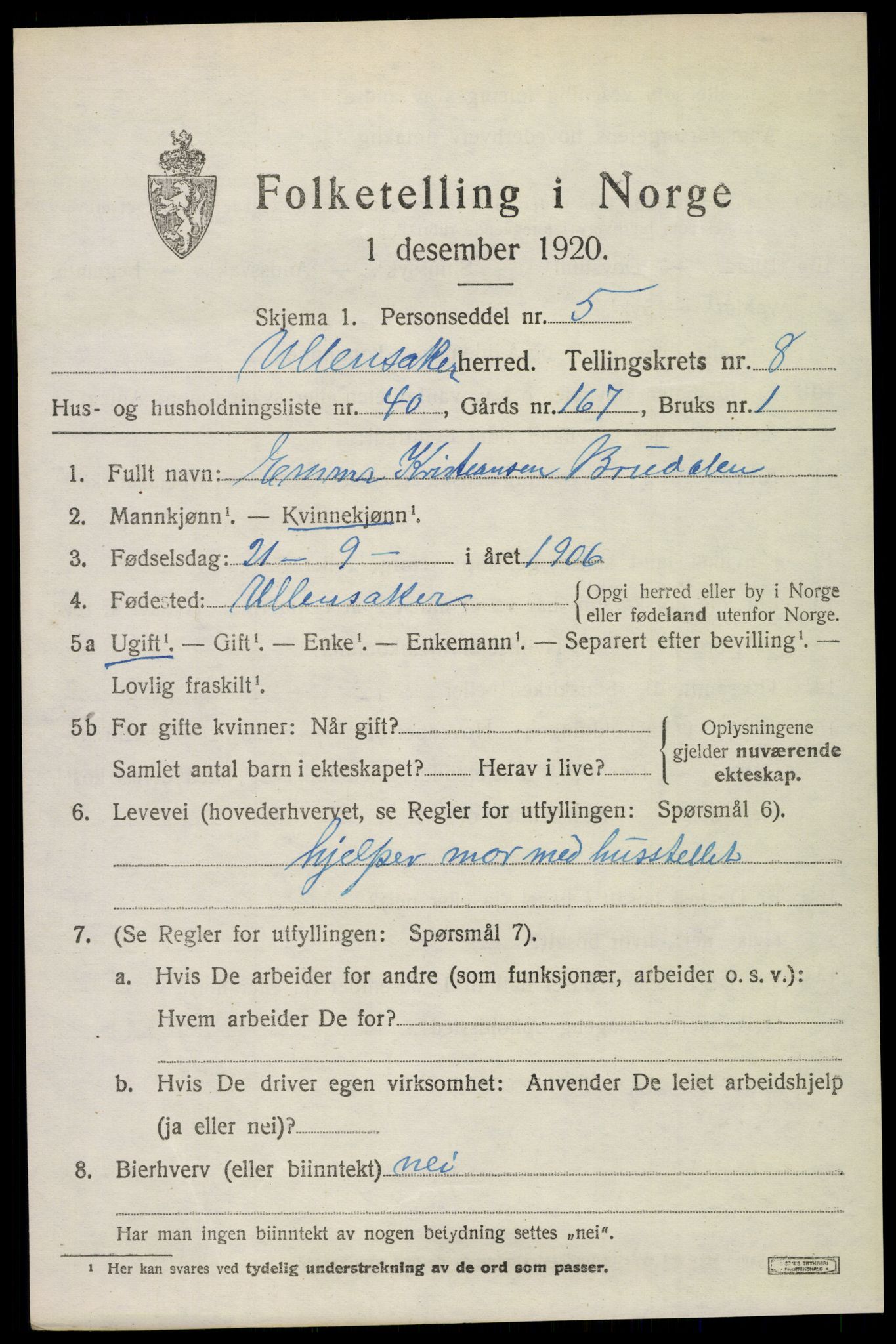 SAO, 1920 census for Ullensaker, 1920, p. 14633