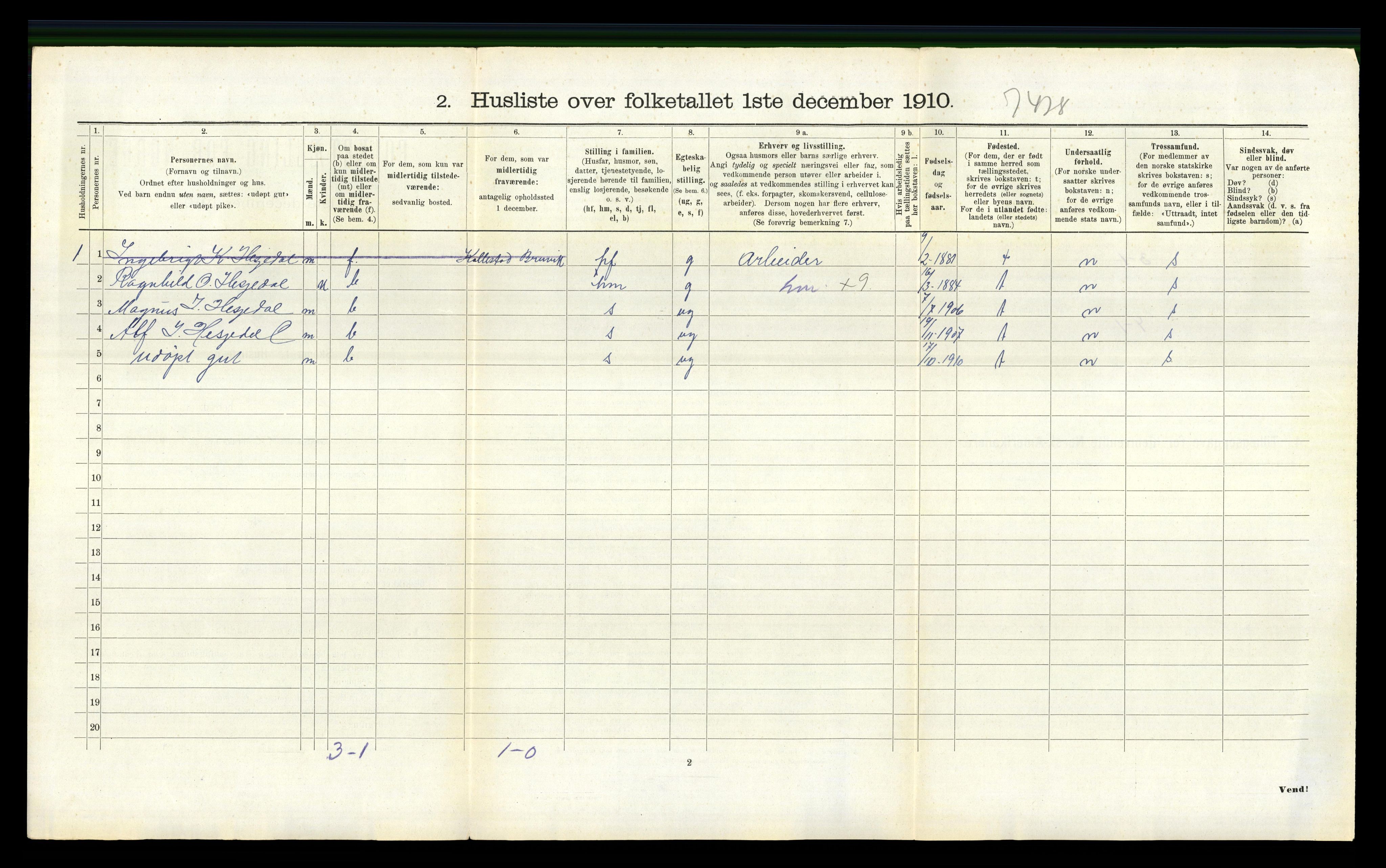 RA, 1910 census for Bruvik, 1910, p. 899