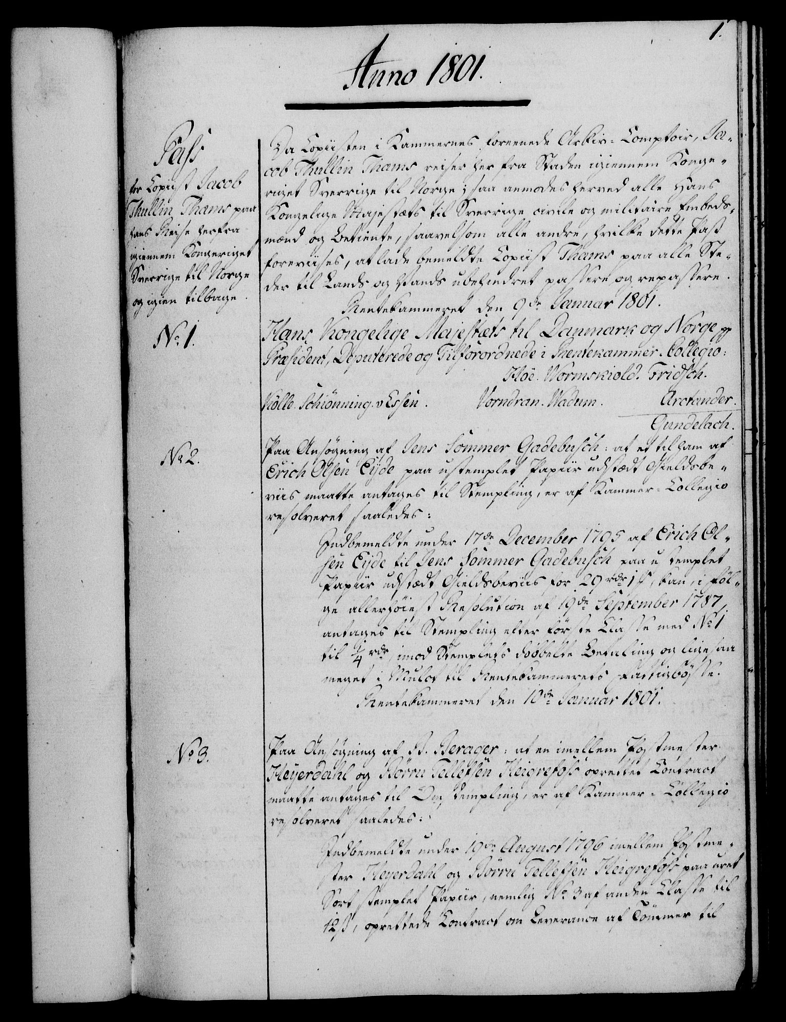 Rentekammeret, Kammerkanselliet, RA/EA-3111/G/Gg/Gga/L0017: Norsk ekspedisjonsprotokoll med register (merket RK 53.17), 1801-1803, p. 1