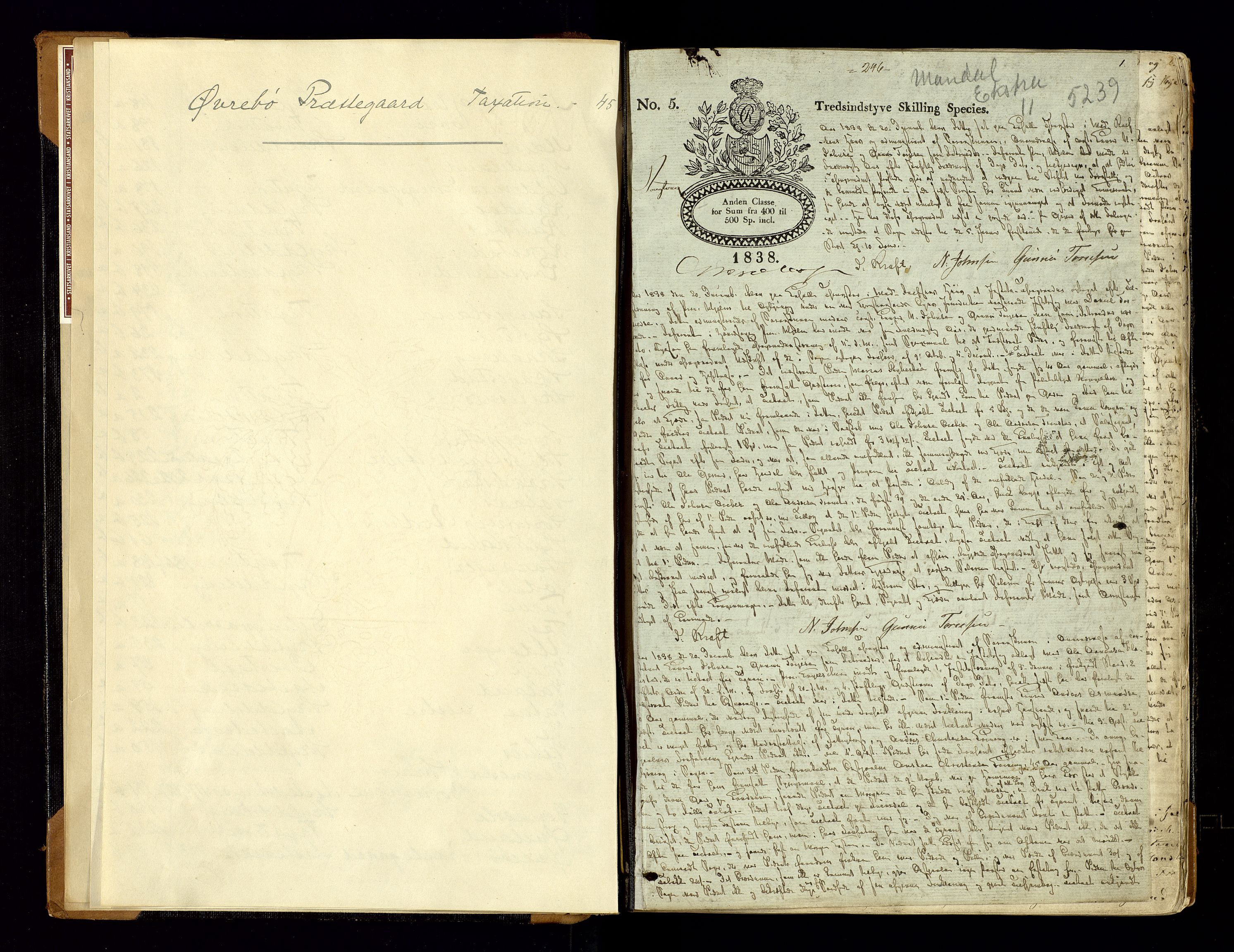 Mandal sorenskriveri, SAK/1221-0005/001/F/Fb/L0013: Ekstrarettsprotokoll med register for fast eiendom nr 11, 1838-1842, p. 1