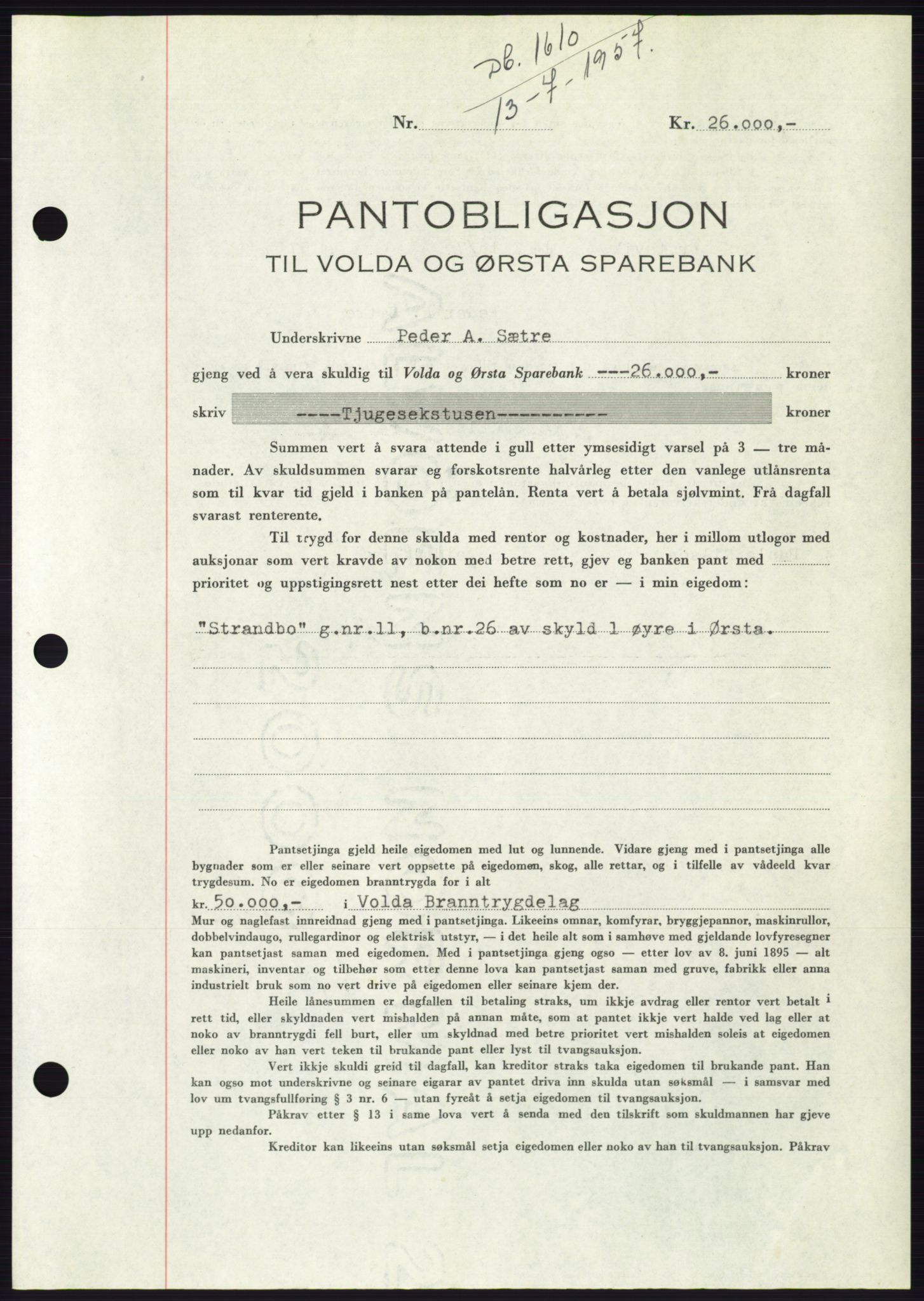 Søre Sunnmøre sorenskriveri, AV/SAT-A-4122/1/2/2C/L0130: Mortgage book no. 18B, 1957-1958, Diary no: : 1610/1957