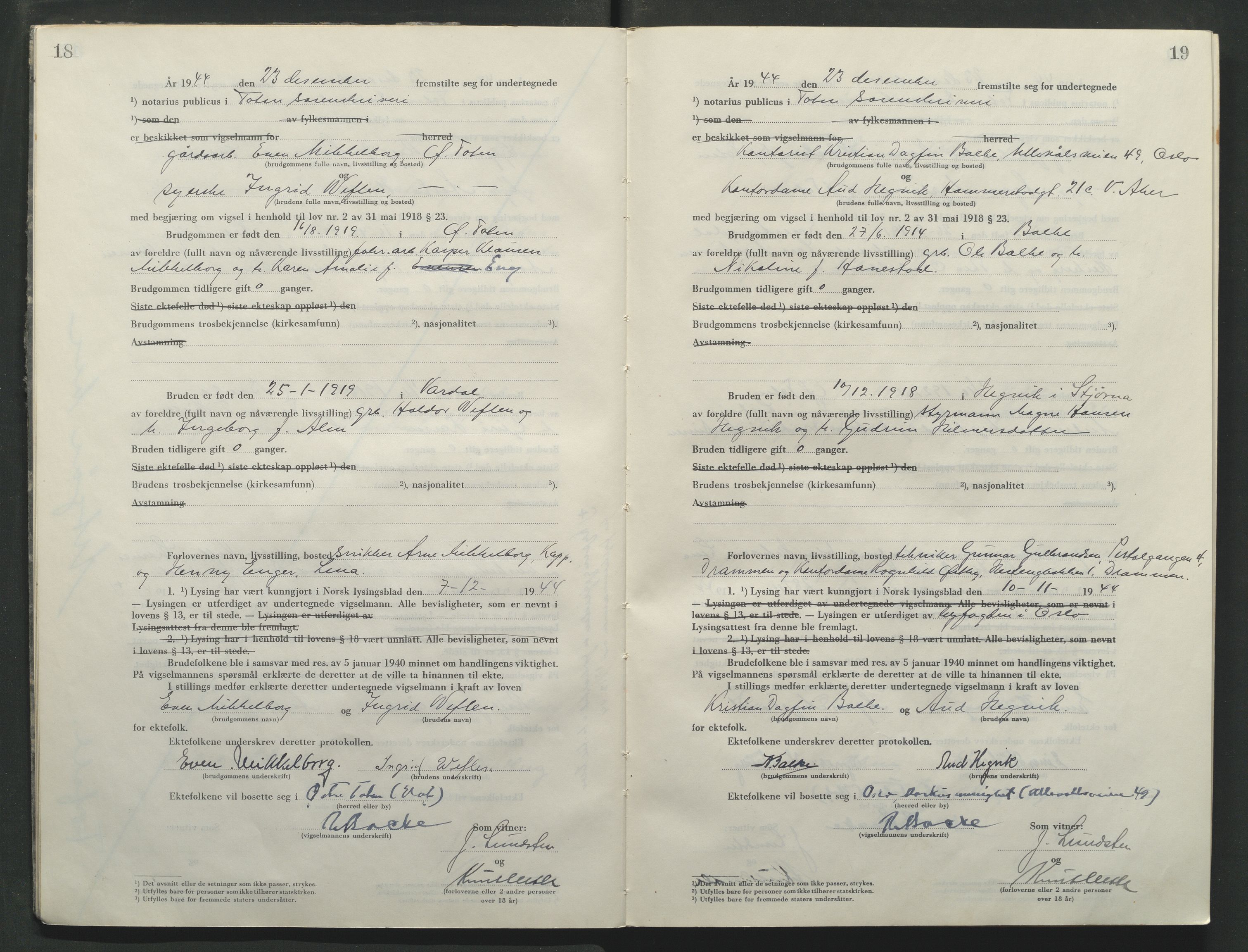 Toten tingrett, AV/SAH-TING-006/L/Lc/L0005: Vigselbok, 1944-1948, p. 18-19