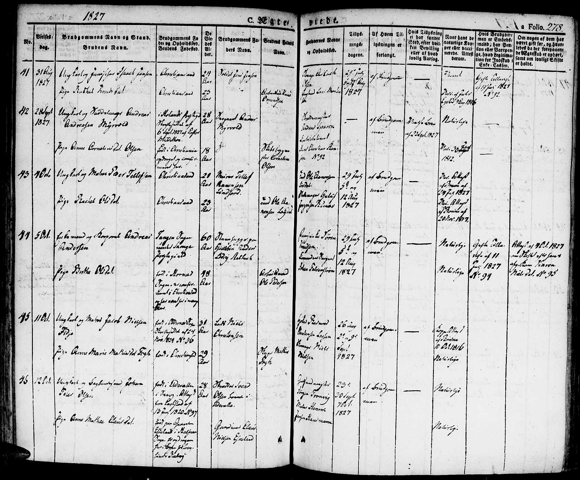 Kristiansand domprosti, AV/SAK-1112-0006/F/Fa/L0009: Parish register (official) no. A 9, 1821-1827, p. 278