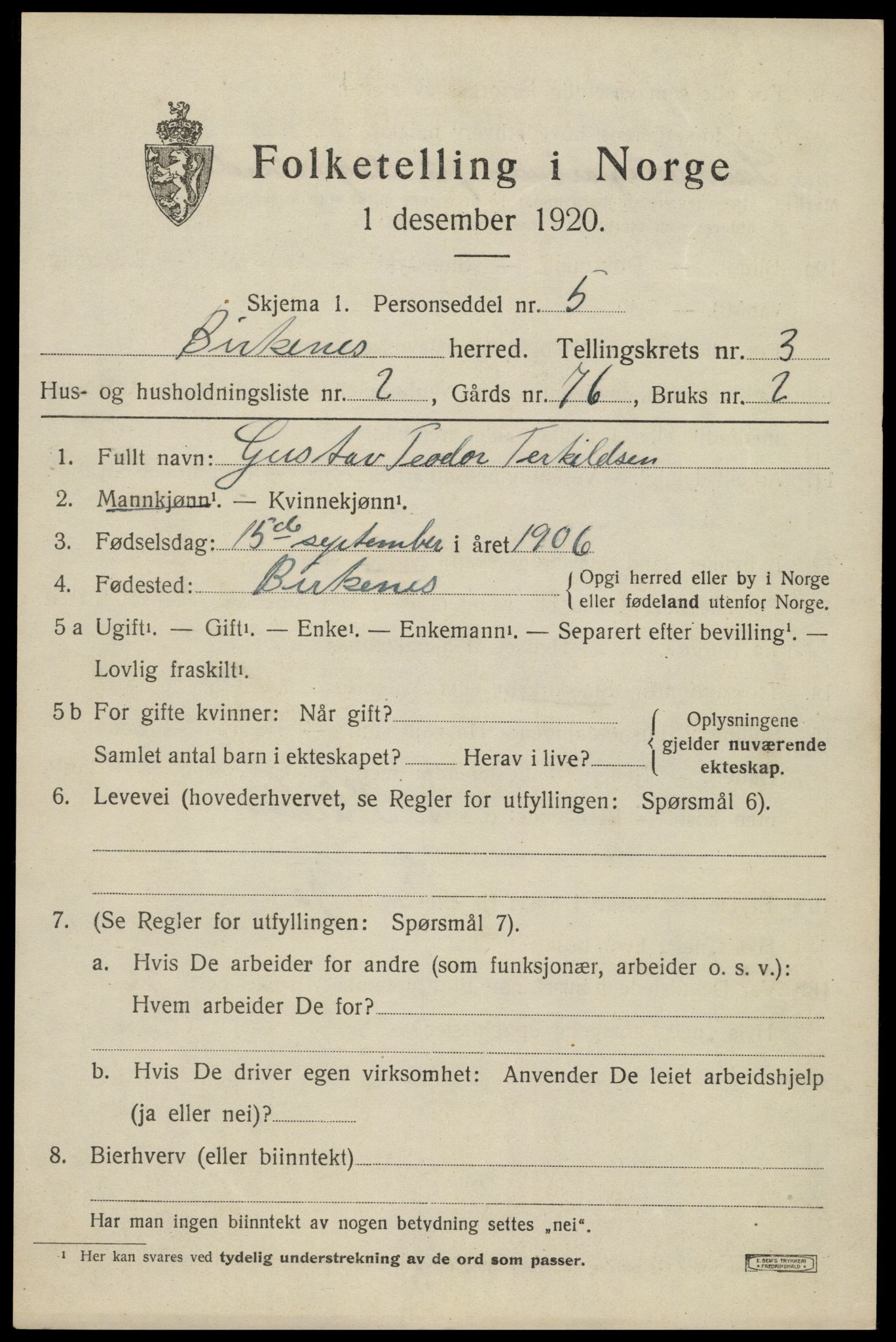 SAK, 1920 census for Birkenes, 1920, p. 1437
