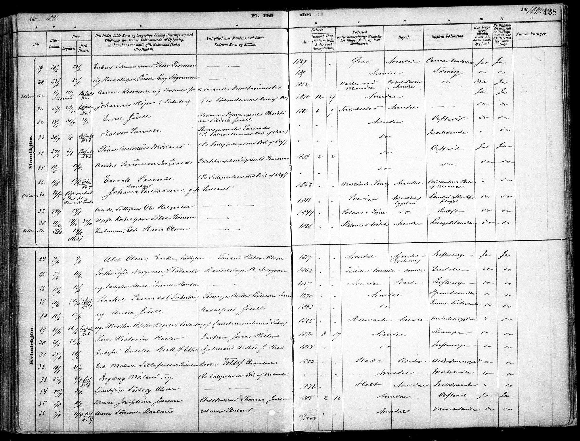 Arendal sokneprestkontor, Trefoldighet, AV/SAK-1111-0040/F/Fa/L0008: Parish register (official) no. A 8, 1878-1899, p. 438